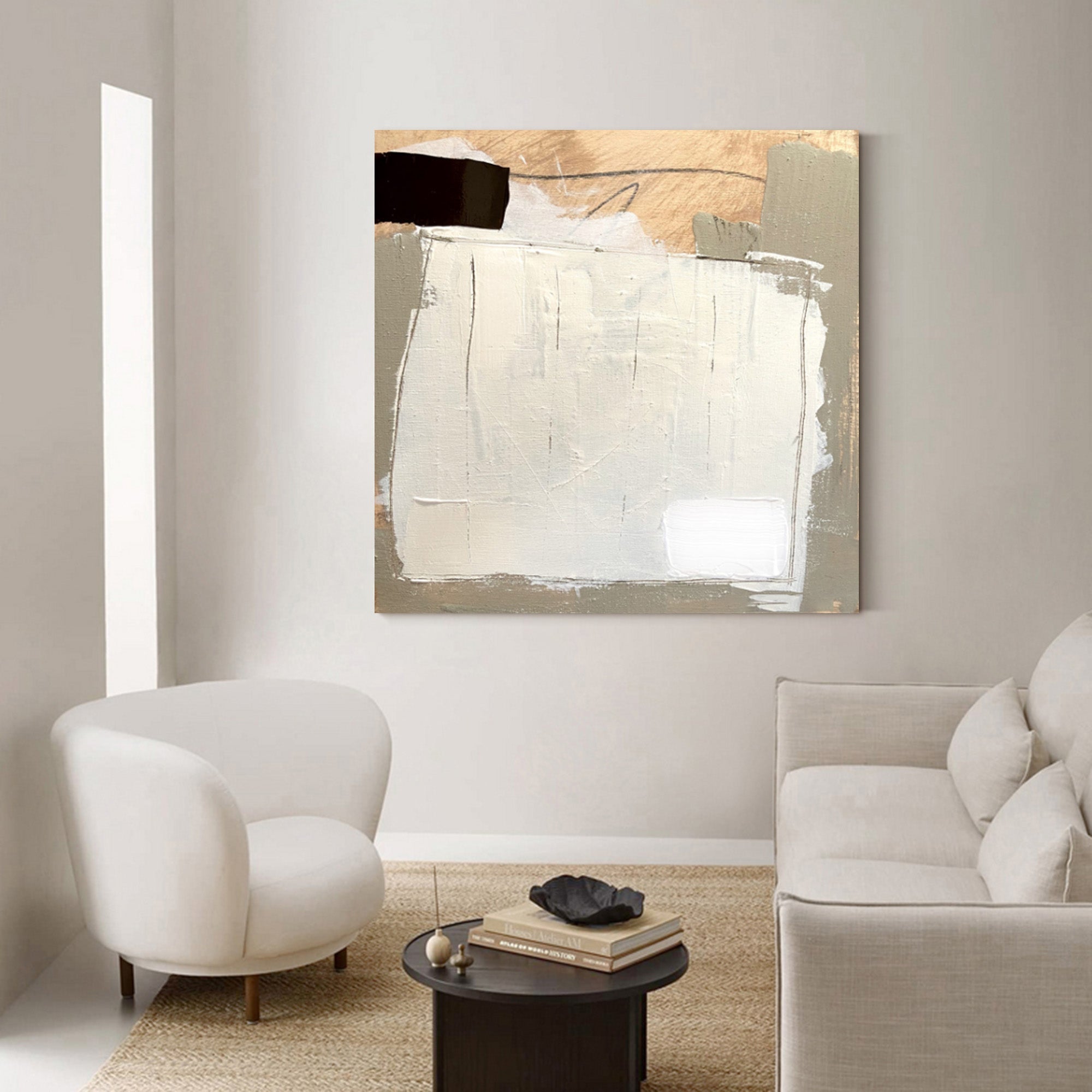 White‑Gold‑Grey Square Layer‑Collage Impasto‑Textured Artwork
