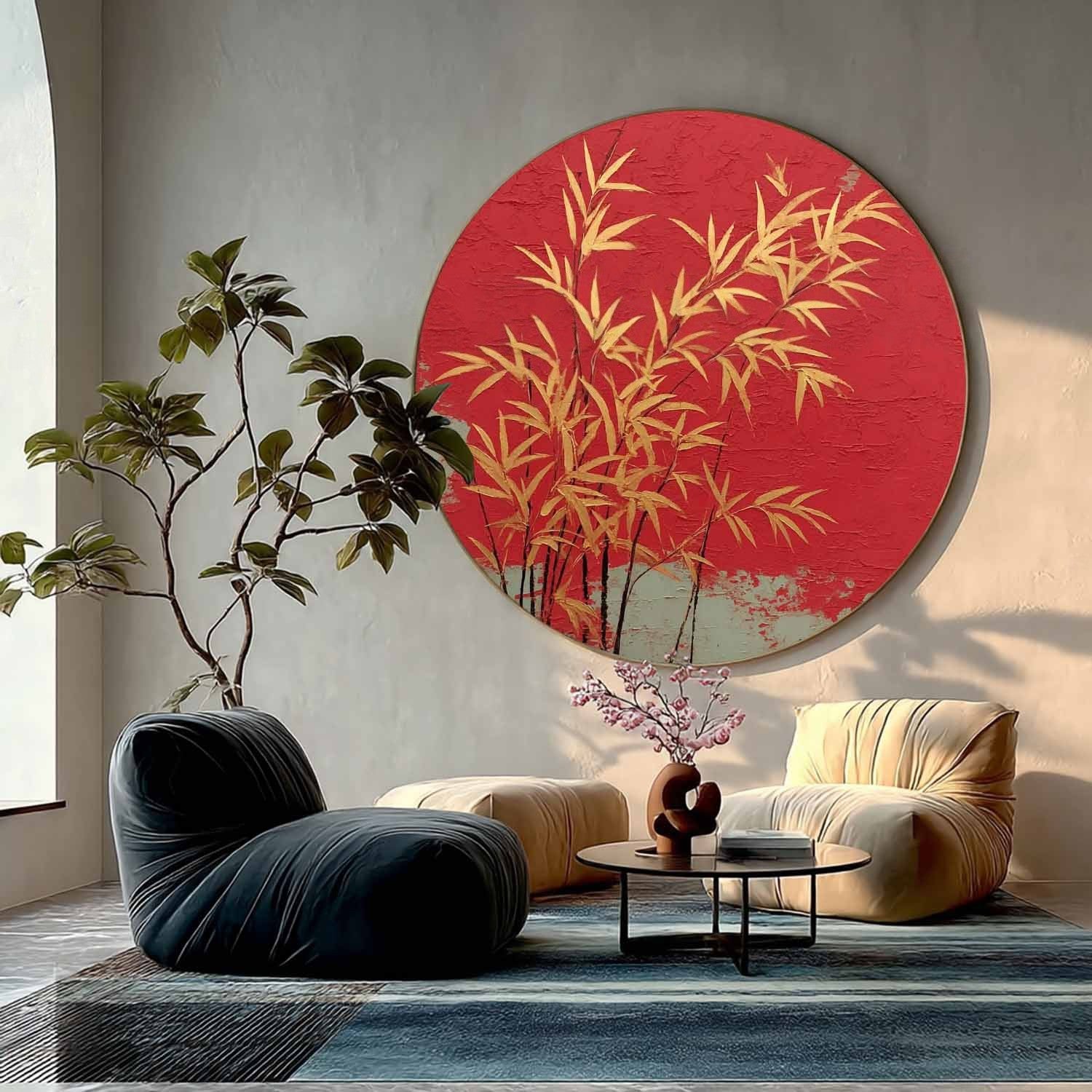 Wall Art Round Golden Bamboo Red
