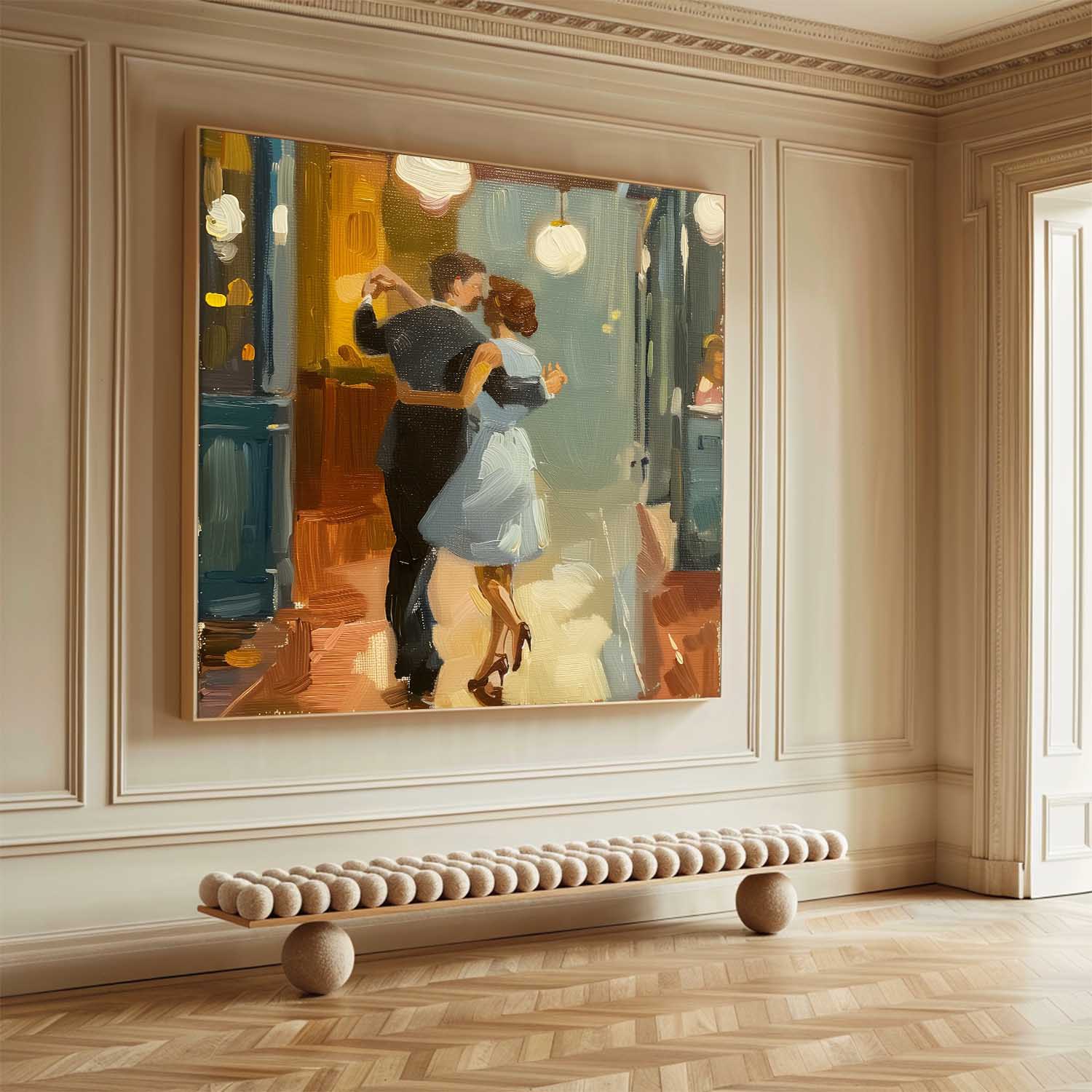 Romantic Dancing Couple Figure Warm‑Tone Vivid Brushstroke Textured Artwork