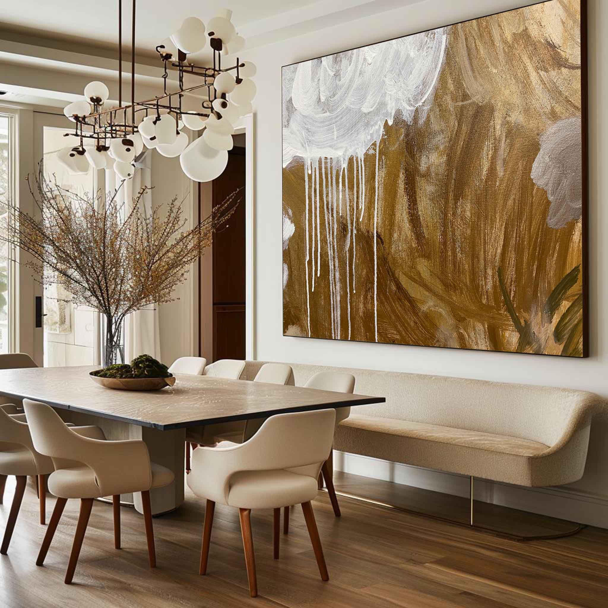 Luxury Golden Toned Dripping Paint Abstract Hanging Artwork