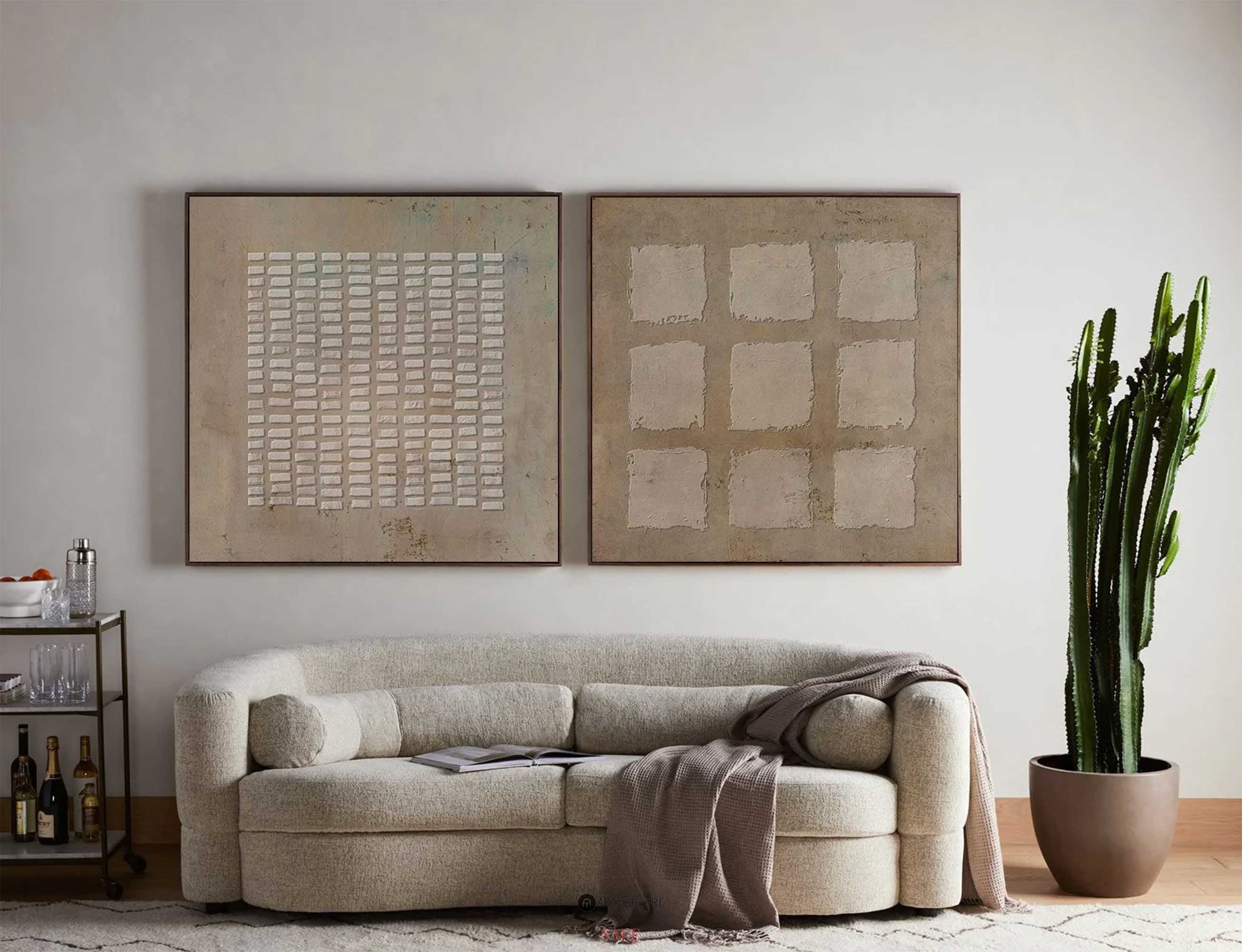Earthy Taupe‑Beige Grid Diptych Abstract Embossed Textured Artwork