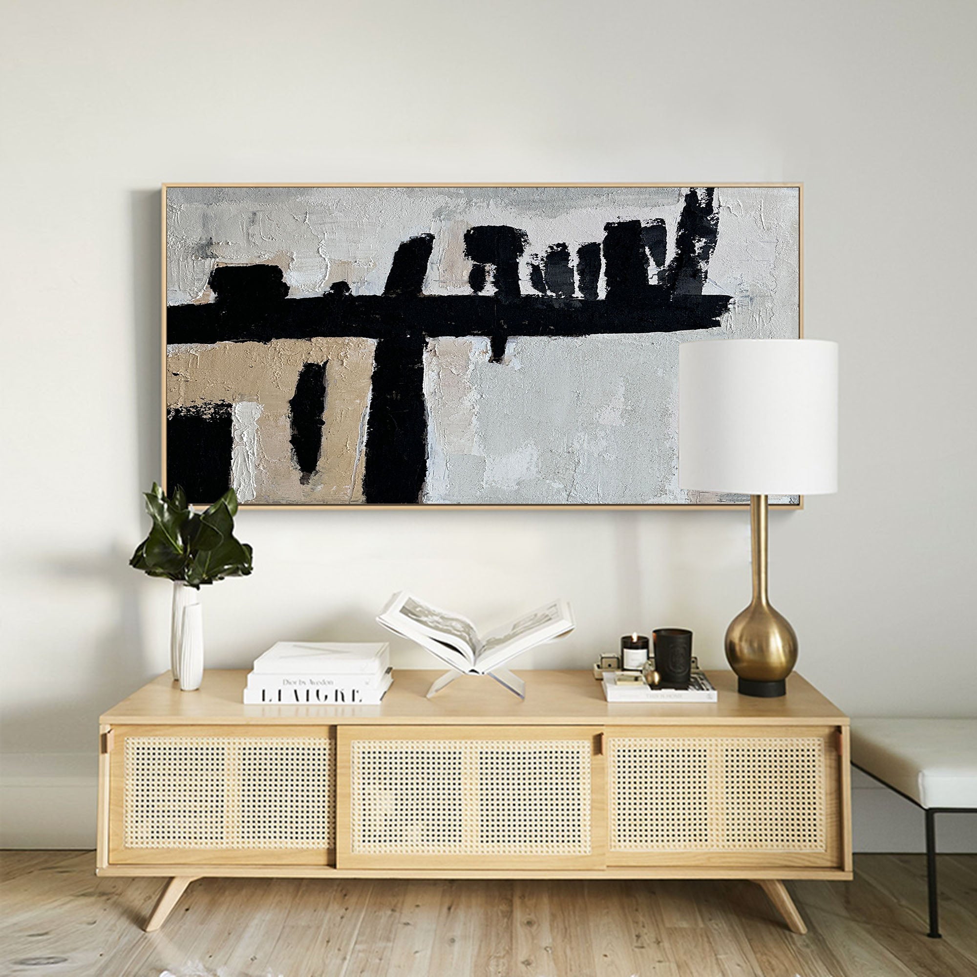 Black‑Beige Horizontal Bold‑Stroke Impasto‑Textured Artwork