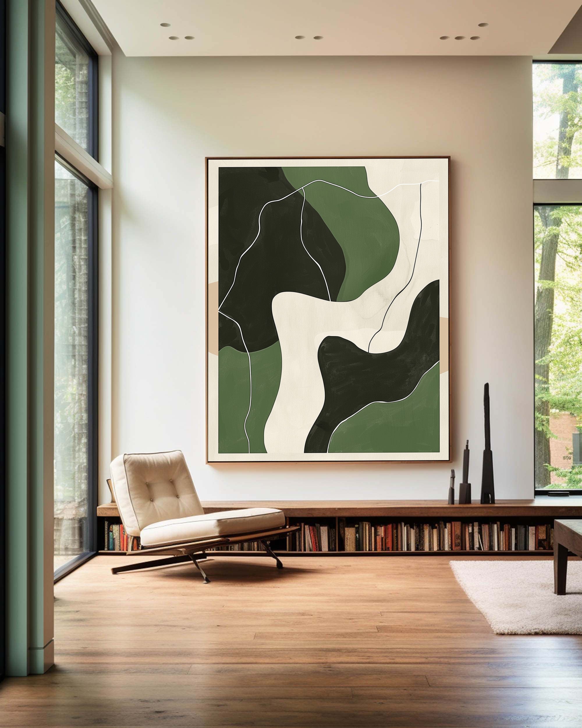 Green‑Beige‑Black Curved Contour Abstract Layered Impasto Textured Artwork