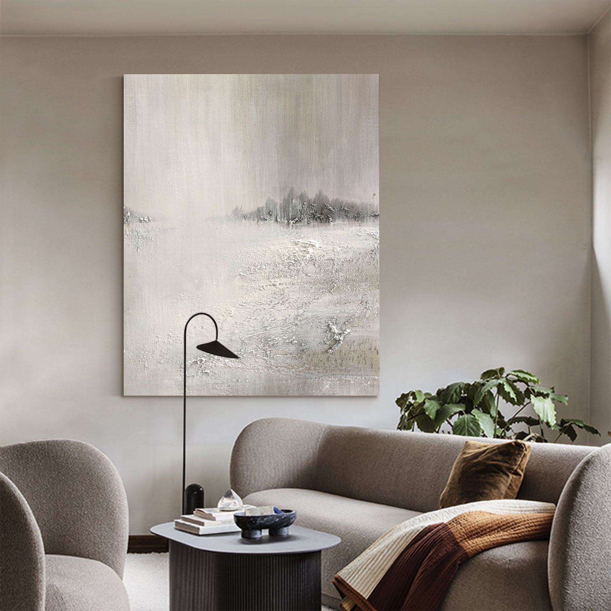 Grey‑Off‑White Vertical Mist‑Scenery Heavy‑Textured Artwork