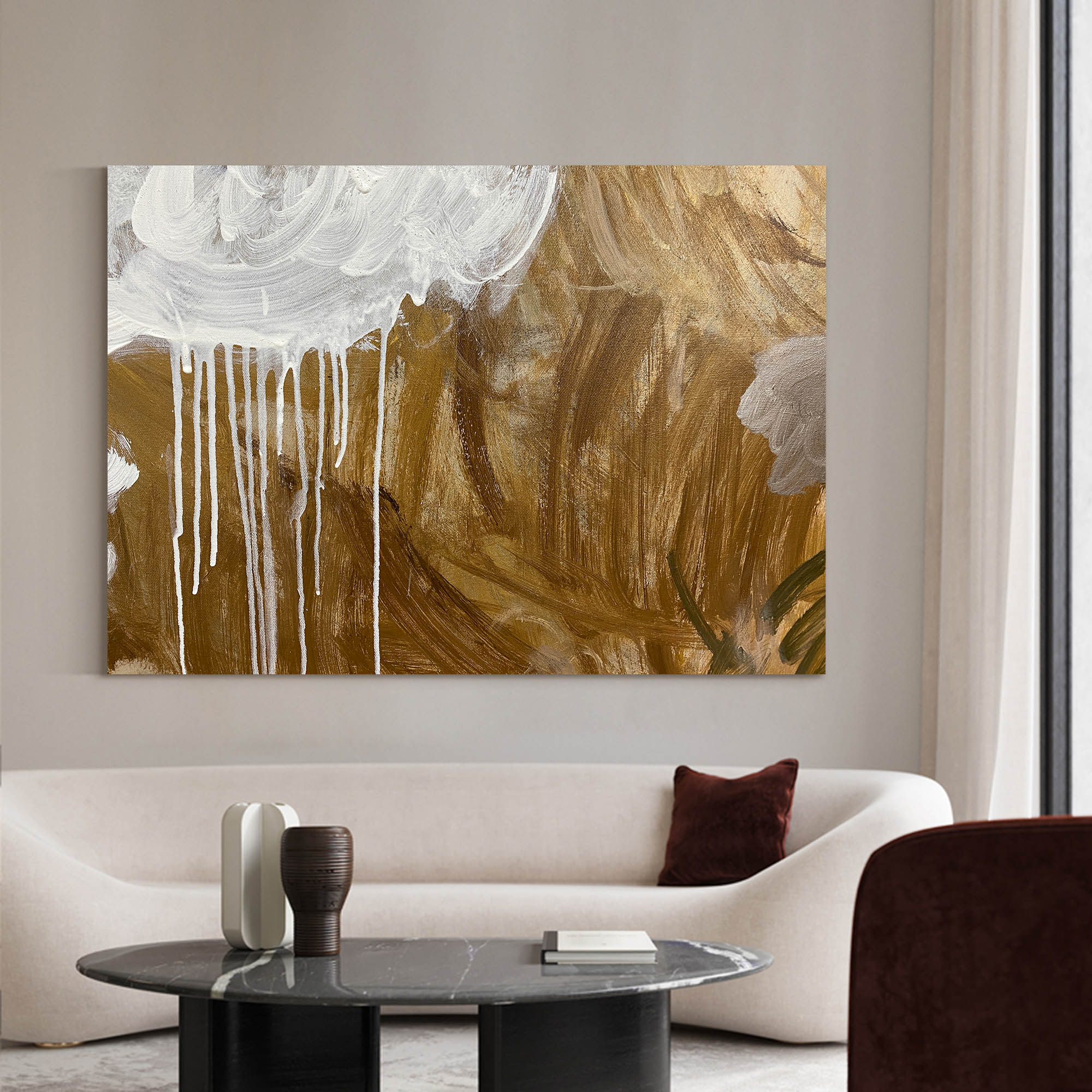 Luxury Golden Toned Dripping Paint Abstract Hanging Artwork