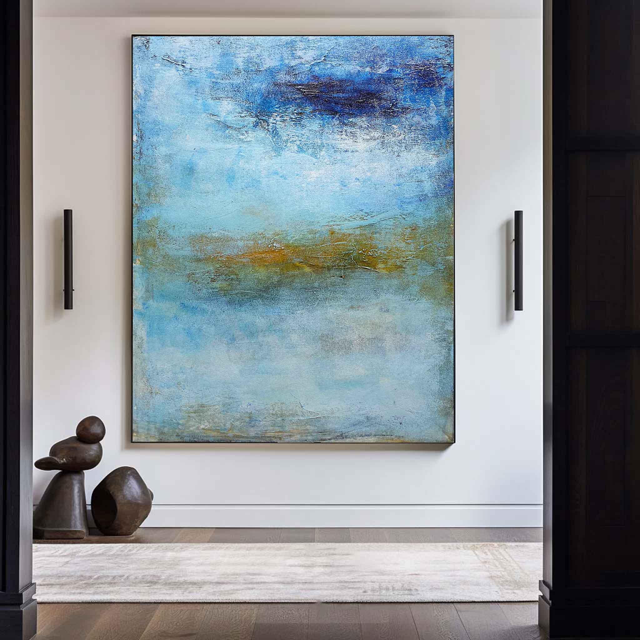 Seascape Blue Gold White Coastal Abstract Oil Painting on Linen Canvas