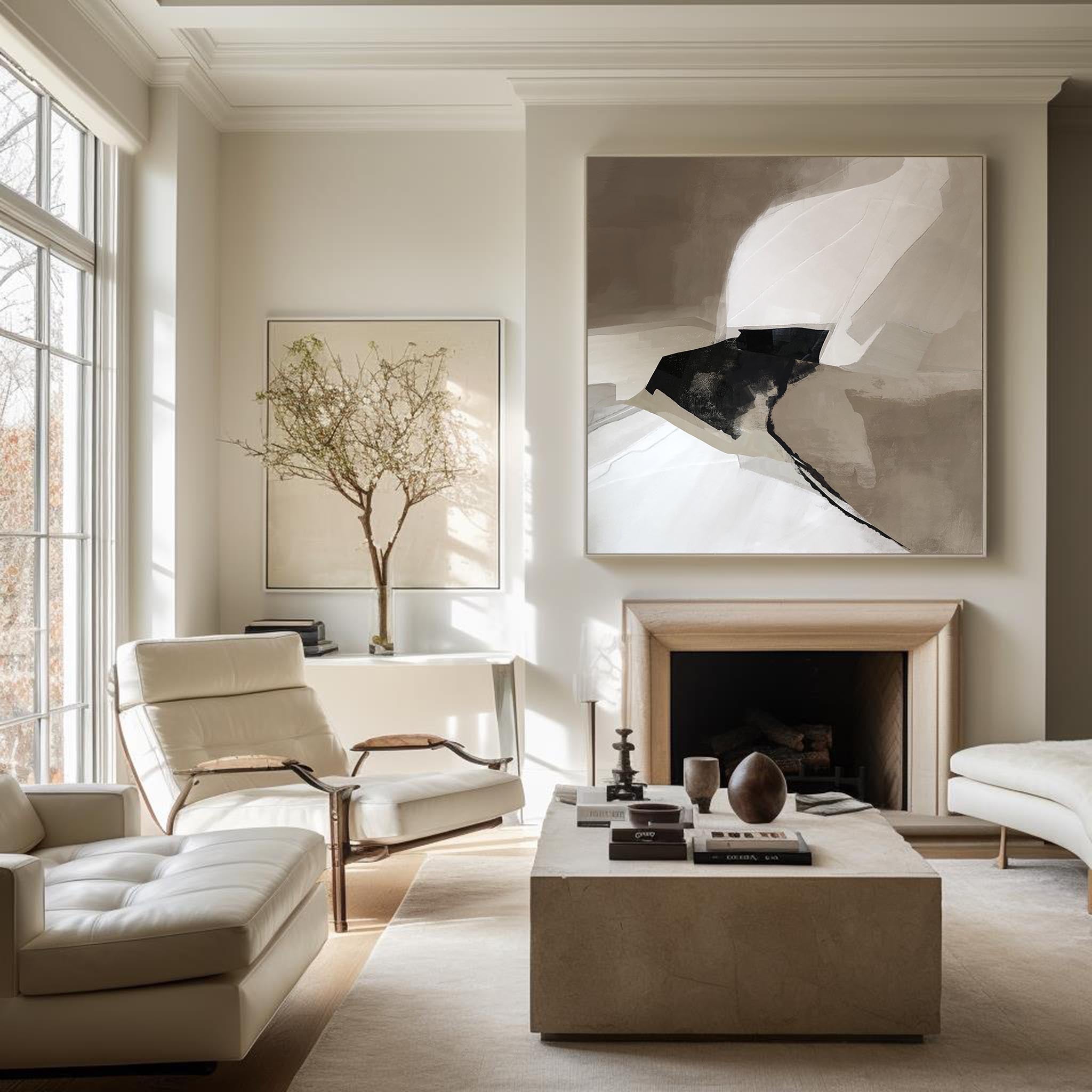 Abstract Black Beige White Flowing Shape Painting