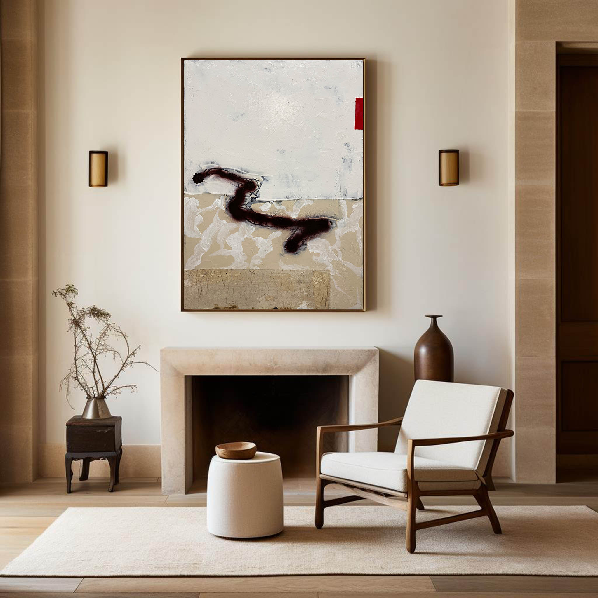 Abstract Beige Black Red Brush Stroke Oil Painting