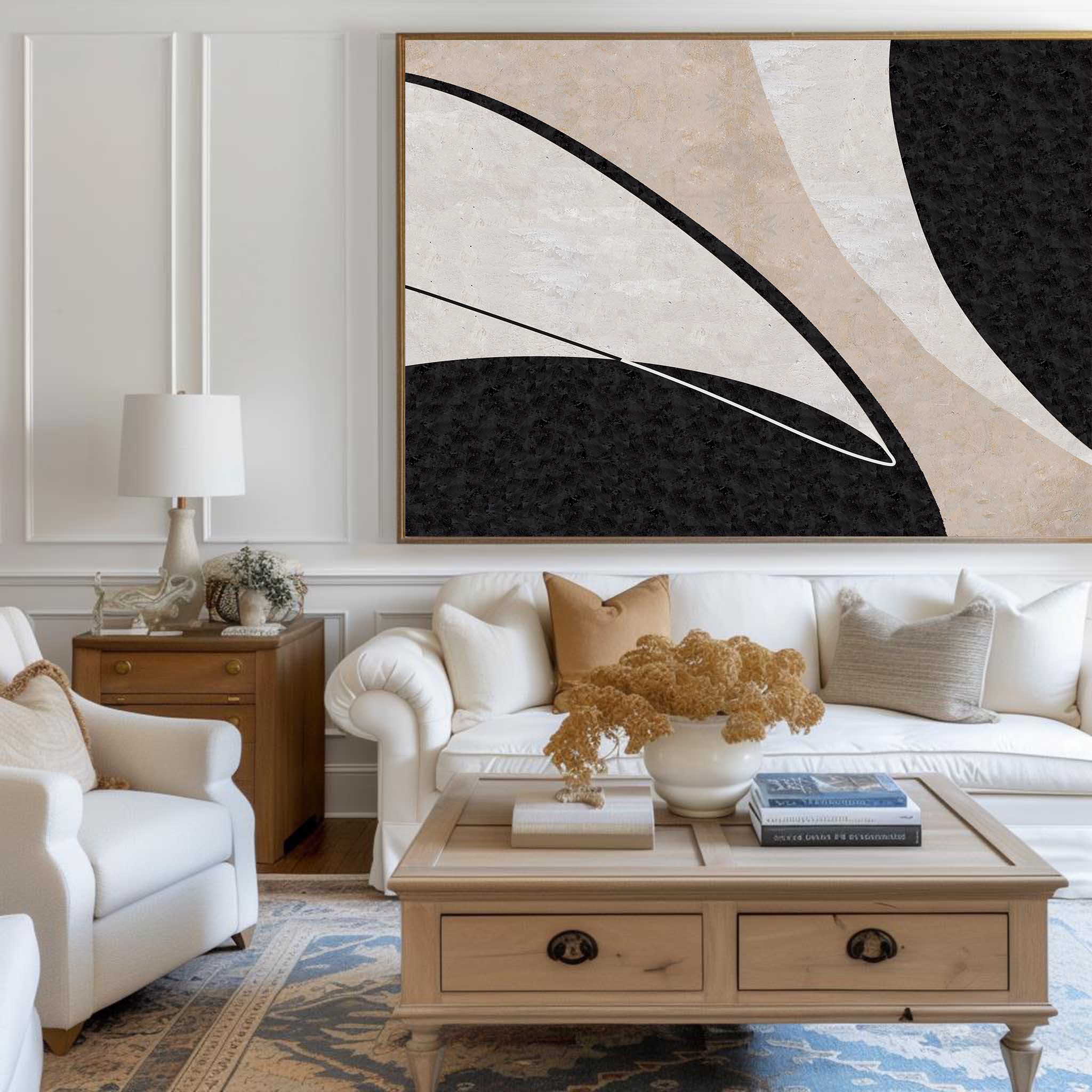 Black‑Beige Horizontal Curved‑Sector Grain‑Textured Artwork