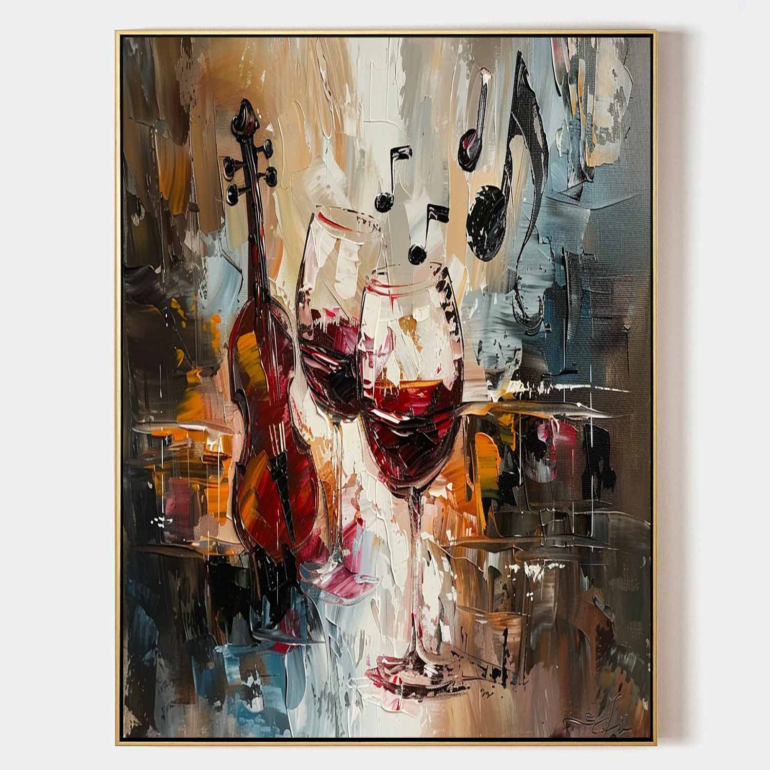 Wall Art Violin Wine Glass Music Note Impasto