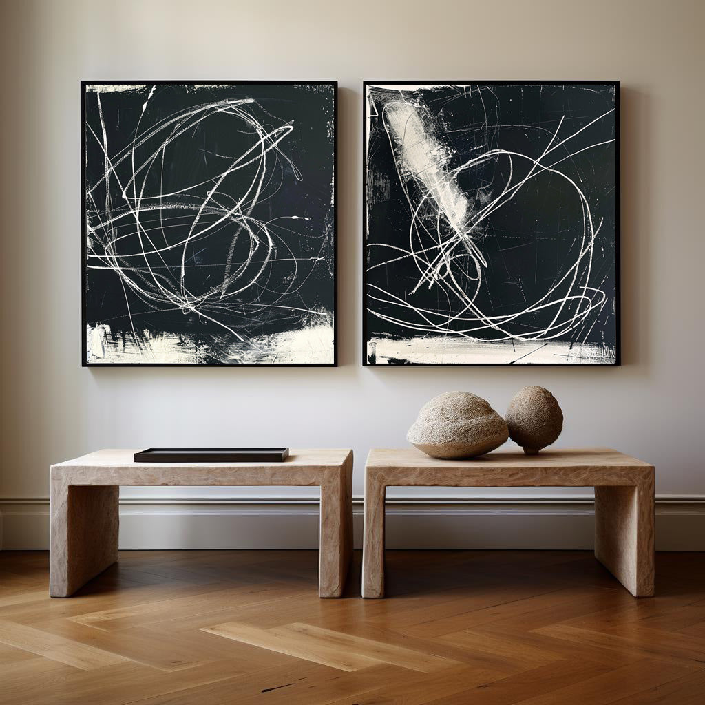 Black White Scribble Diptych Canvas Wall Art