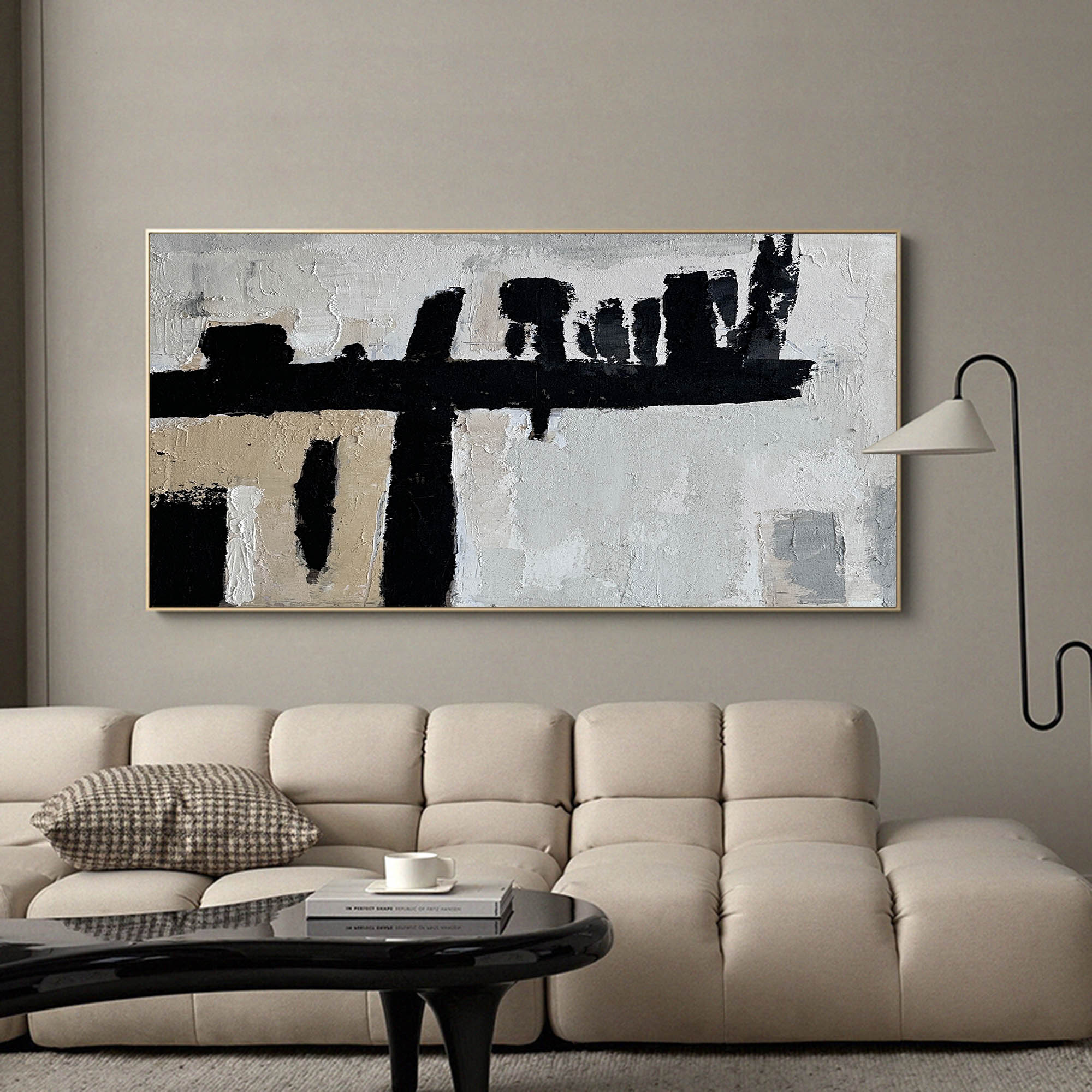 Black‑Beige Horizontal Bold‑Stroke Impasto‑Textured Artwork