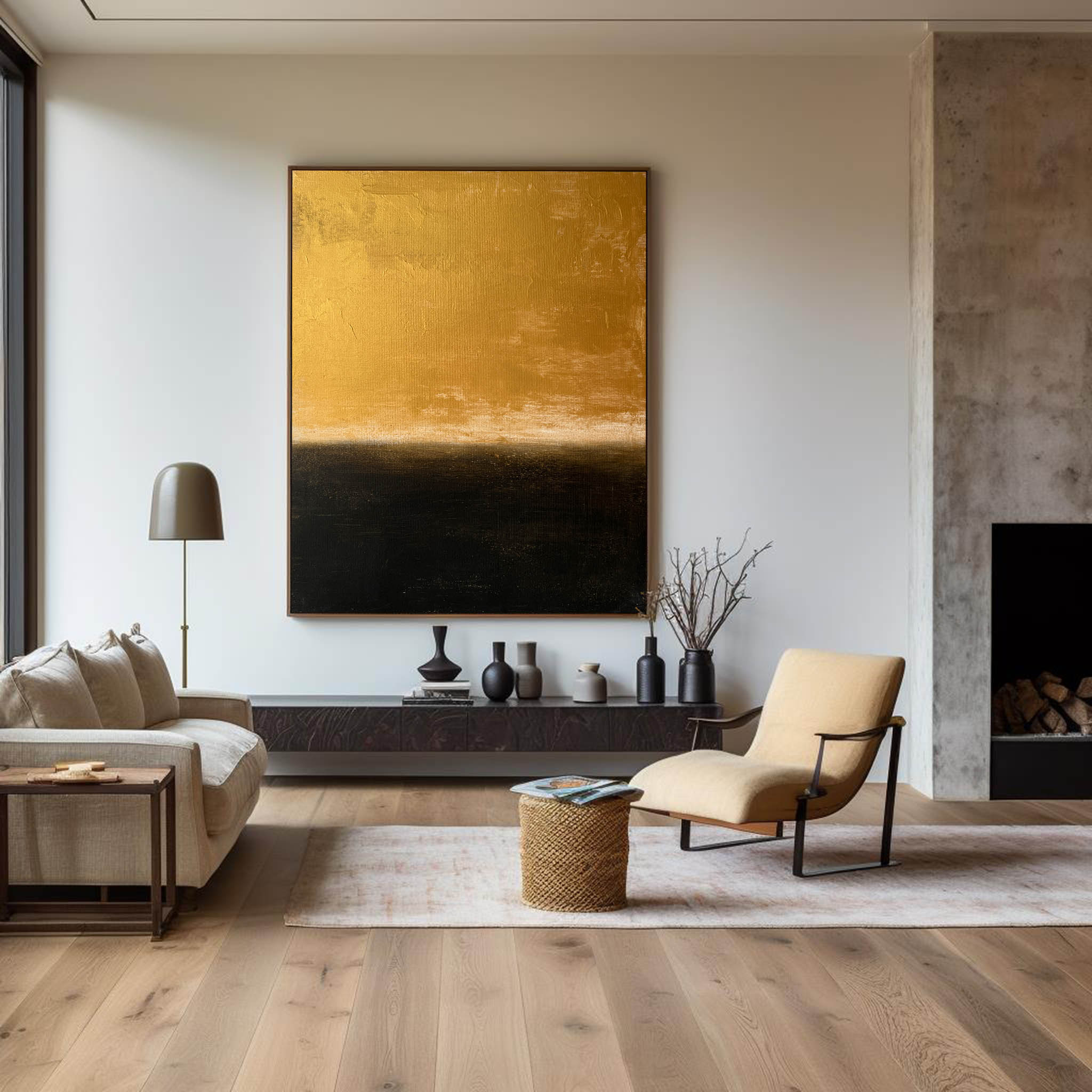 Luxury Gold Black Abstract Linen Painting