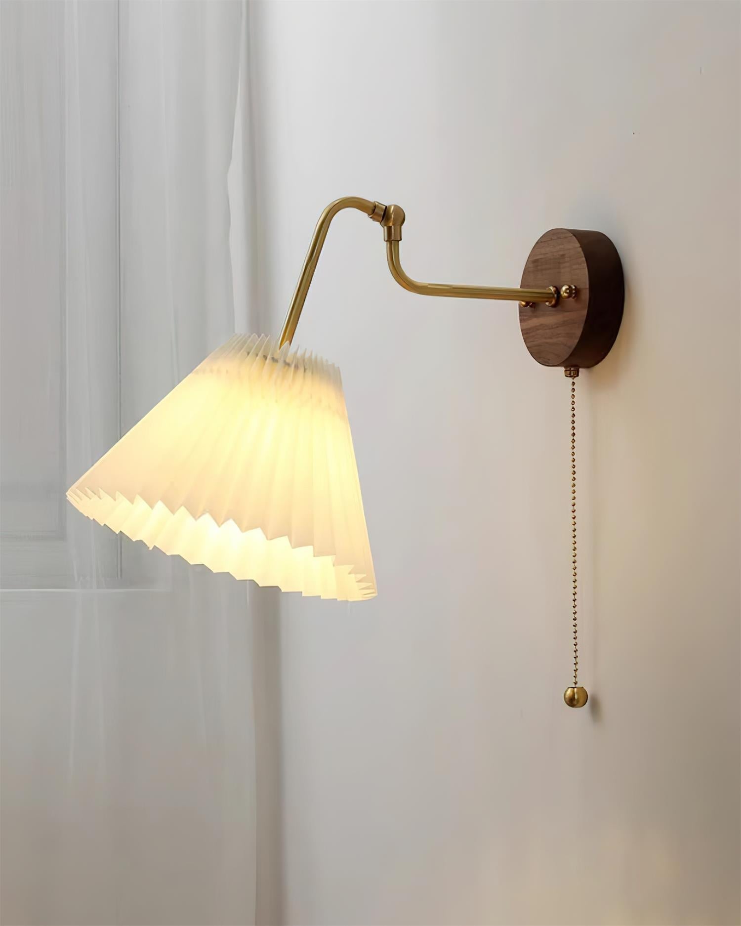 Vintage Brass & Walnut Wall Lamp with Pleated Fabric Shade - Neutralighting