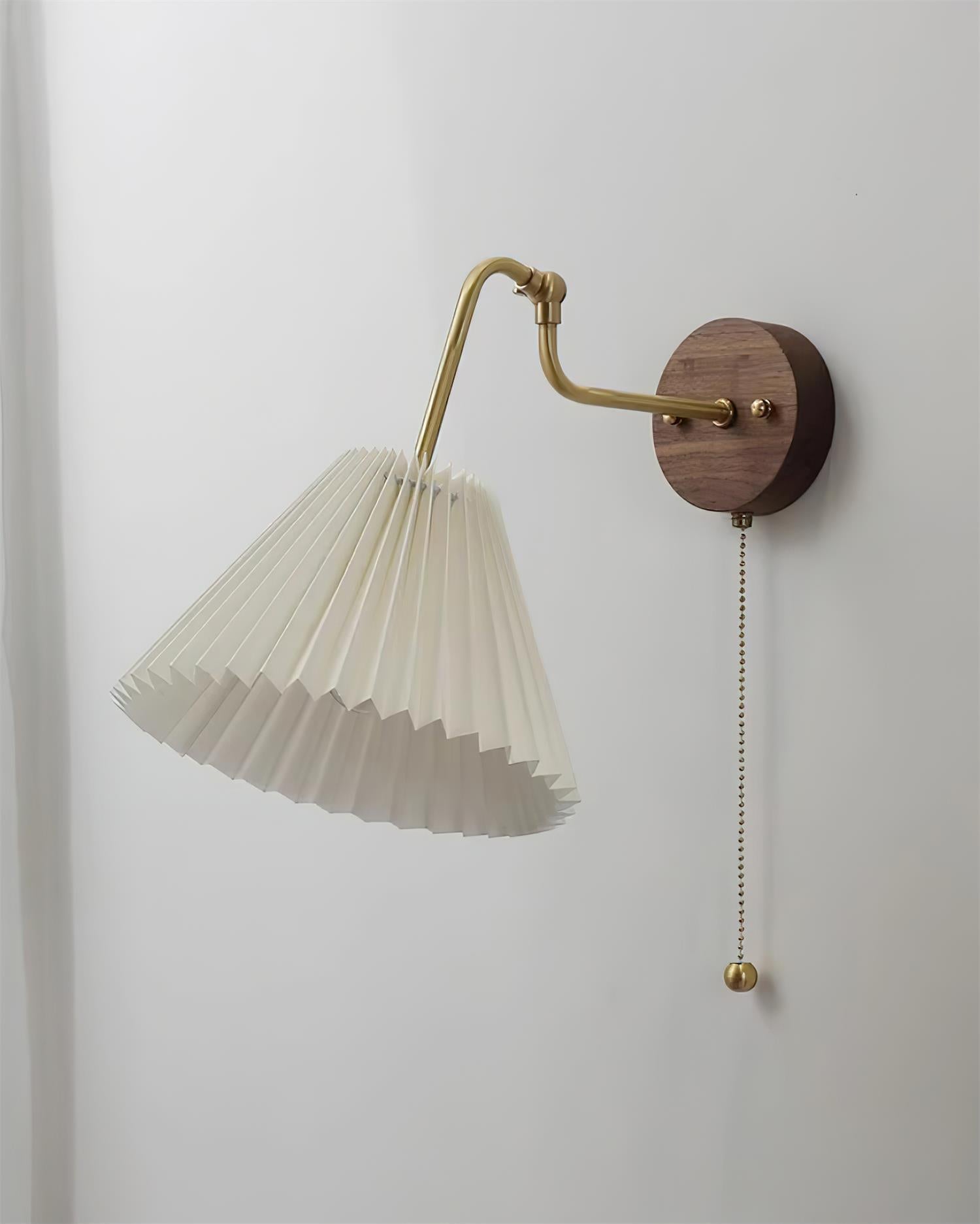 Vintage Brass & Walnut Wall Lamp with Pleated Fabric Shade - Neutralighting