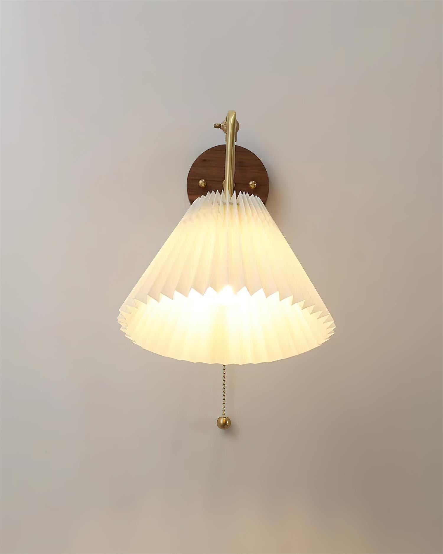 Vintage Brass & Walnut Wall Lamp with Pleated Fabric Shade - Neutralighting