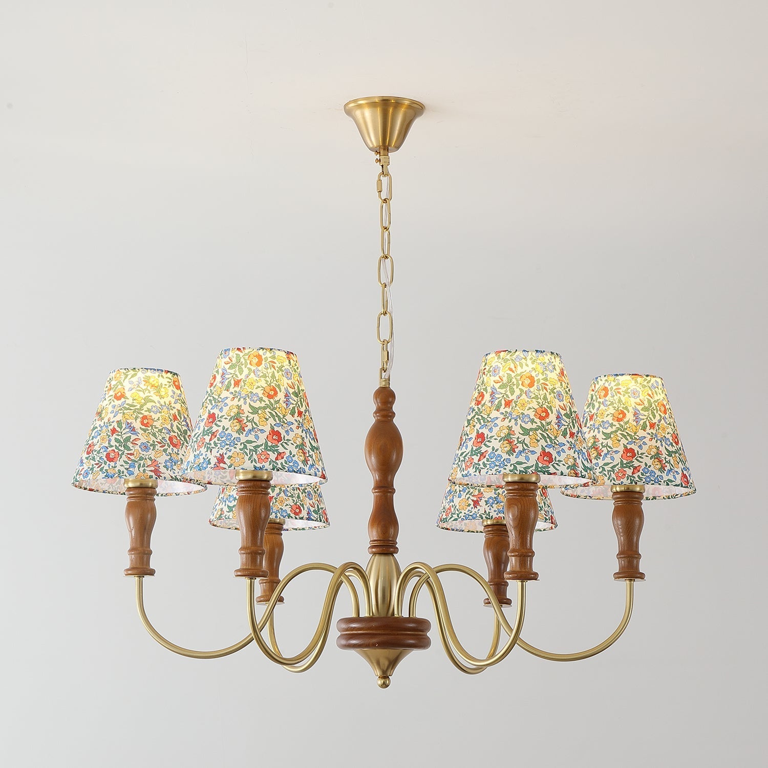 Florinda Floral Fabric Shade Chandelier with Wooden Arms - Neutralighting