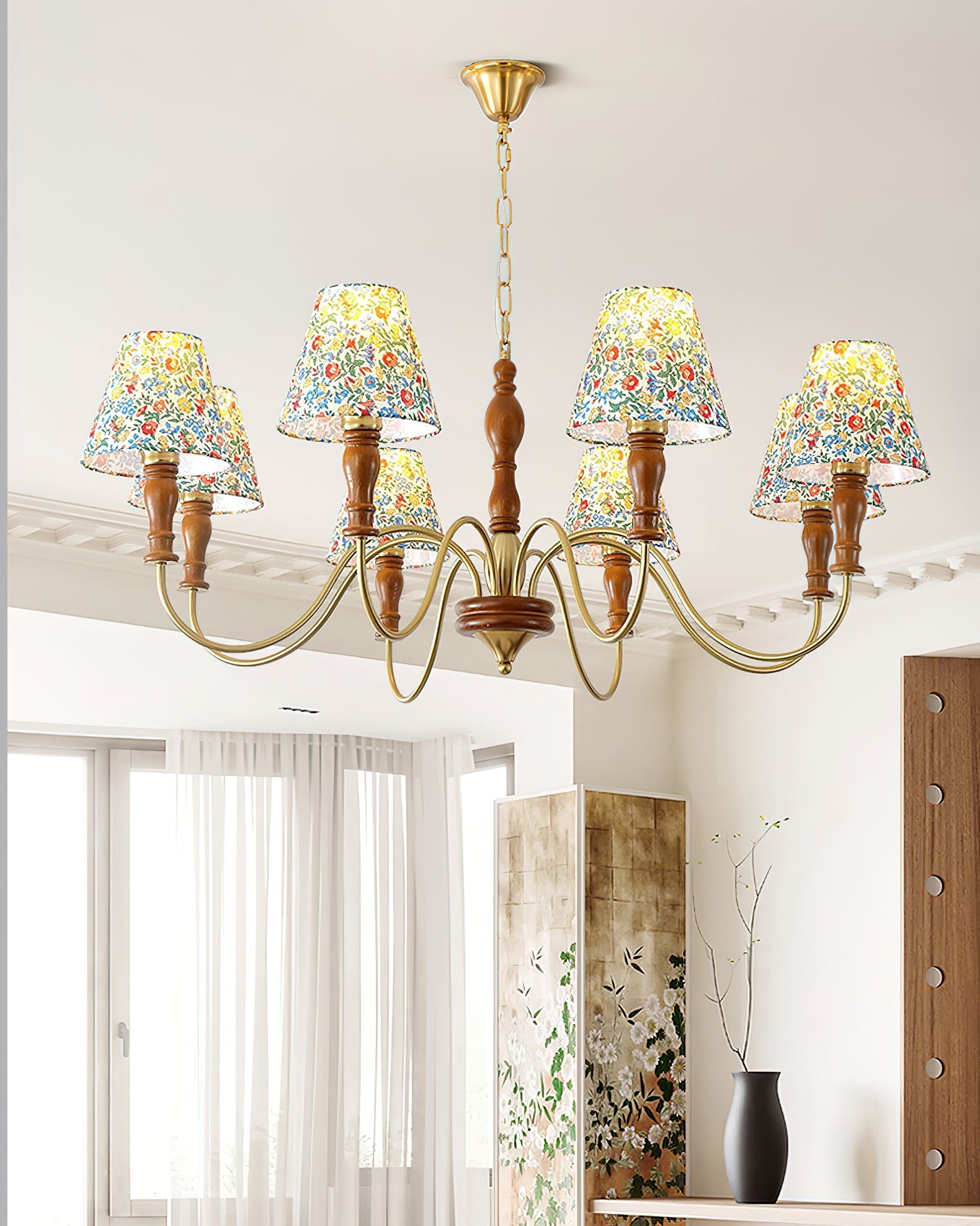 Florinda Floral Fabric Shade Chandelier with Wooden Arms - Neutralighting