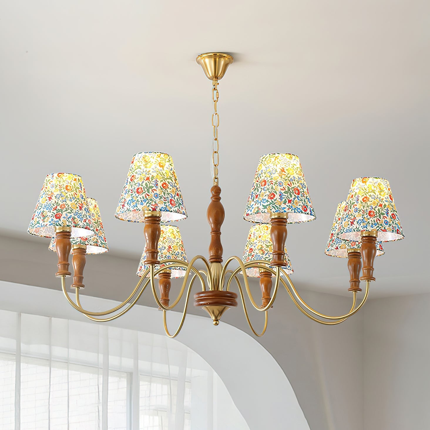 Florinda Floral Fabric Shade Chandelier with Wooden Arms - Neutralighting