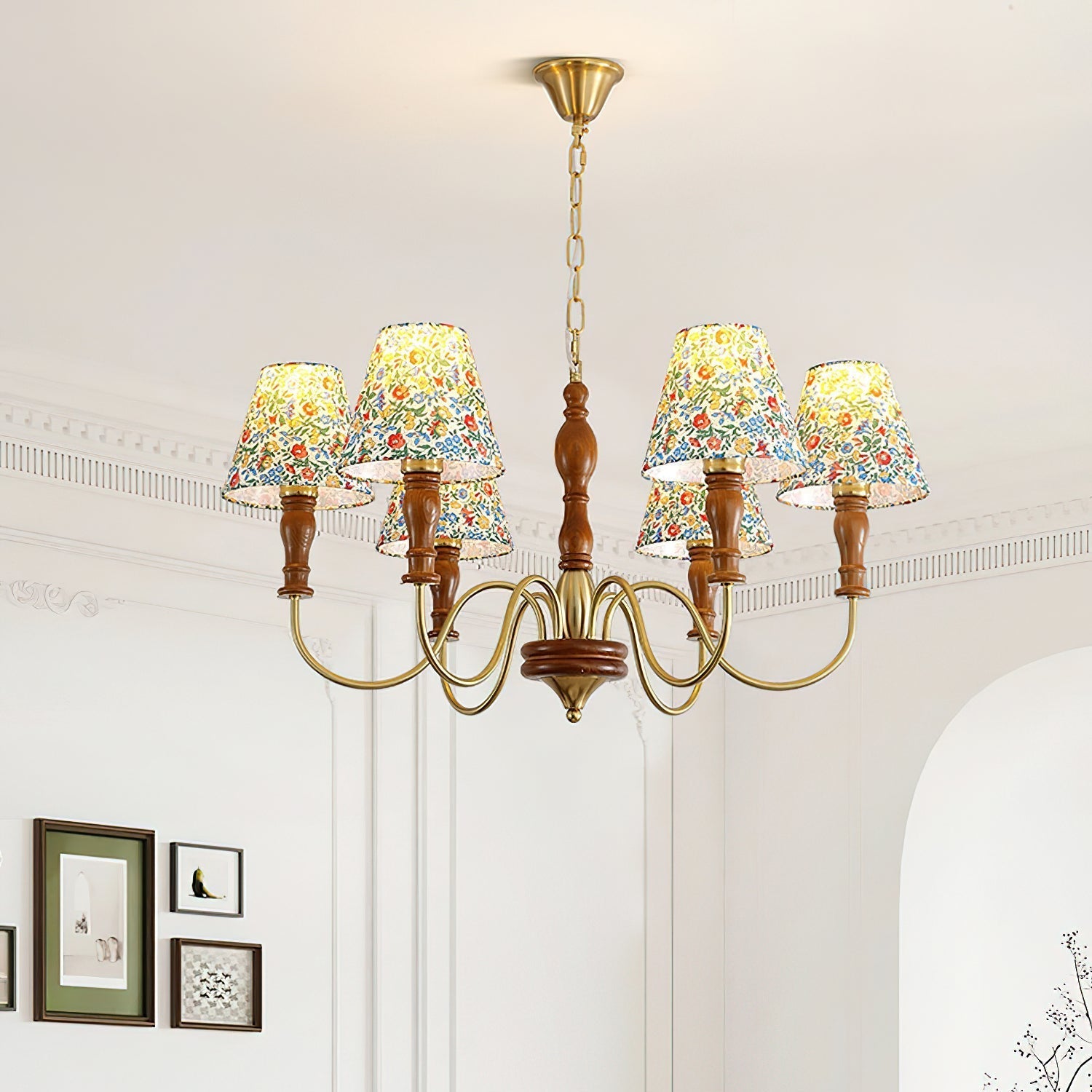 Florinda Floral Fabric Shade Chandelier with Wooden Arms - Neutralighting
