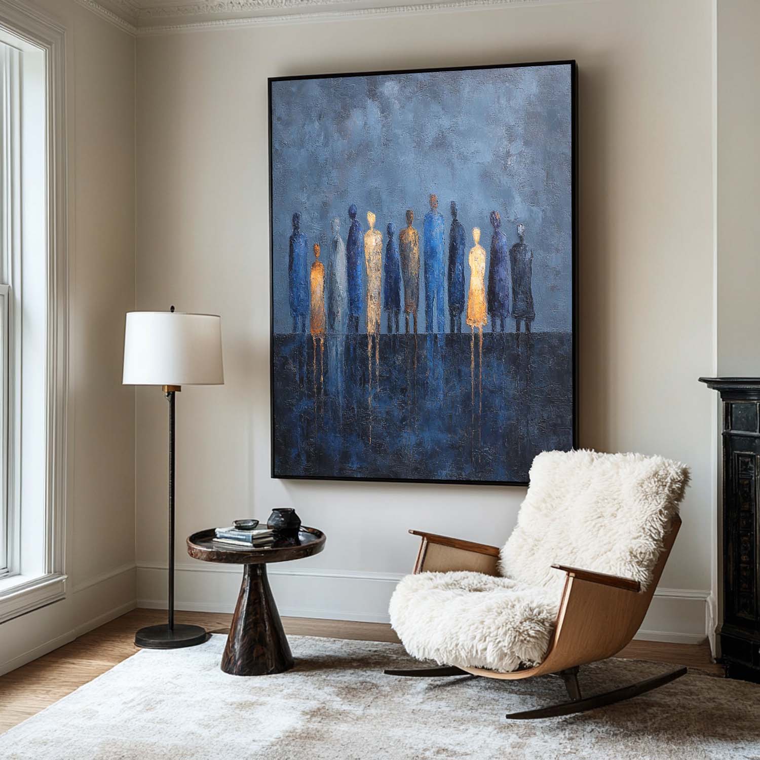 Navy‑Blue‑Gold Vertical Stylized Group‑Figure Textured Artwork