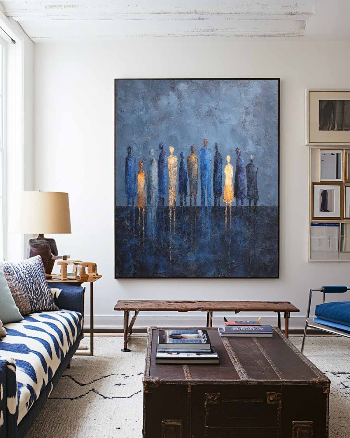 Navy‑Blue‑Gold Vertical Stylized Group‑Figure Textured Artwork
