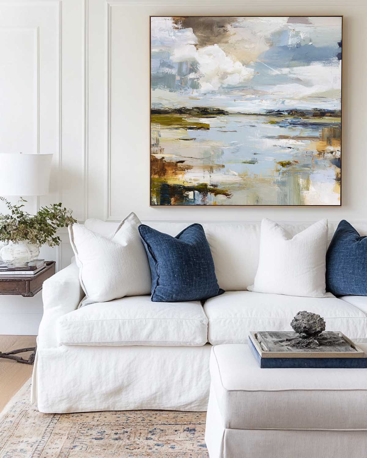 Blue‑White‑Ochre Square Impasto Abstract Coastal Landscape Artwork