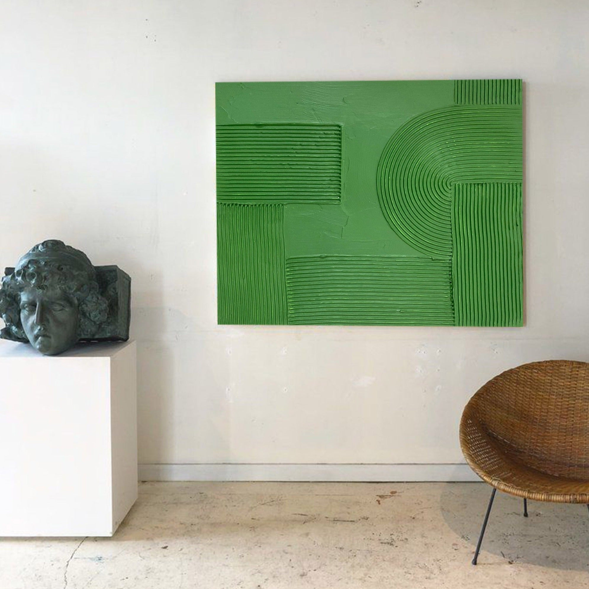 Solid‑Green Geometric Abstract Ridged Heavy Textured Artwork
