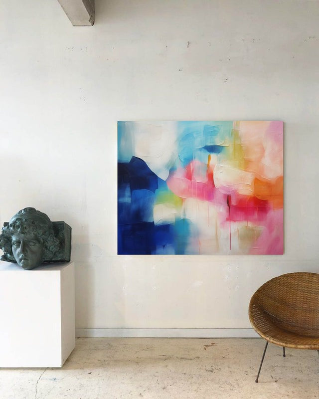 Vibrant Blue Pink Abstract Oil Painting