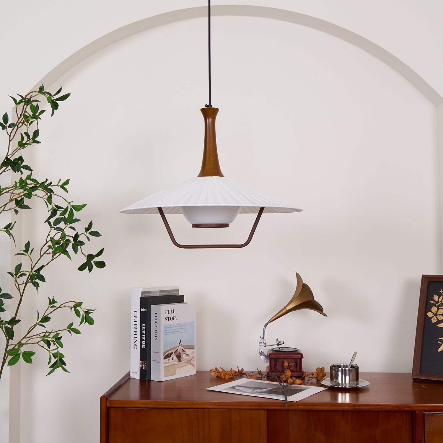 Vionne Mid-Century Wood and White Pendant Lamp - Neutralighting