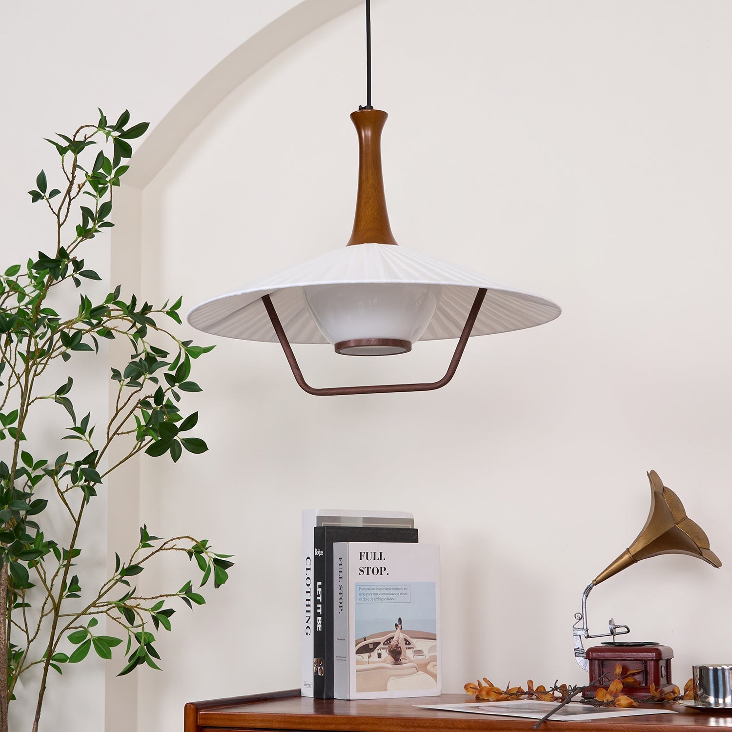 Vionne Mid-Century Wood and White Pendant Lamp - Neutralighting