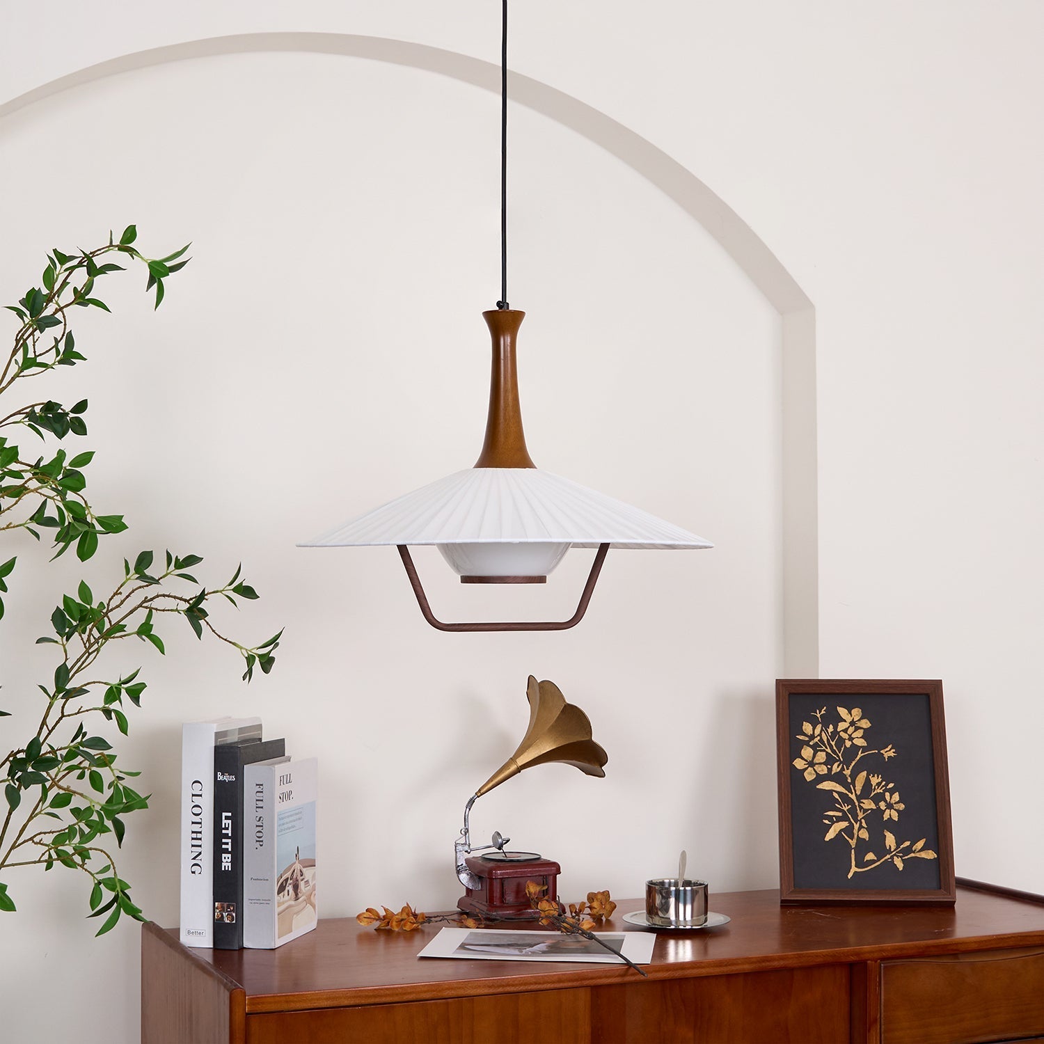 Vionne Mid-Century Wood and White Pendant Lamp - Neutralighting