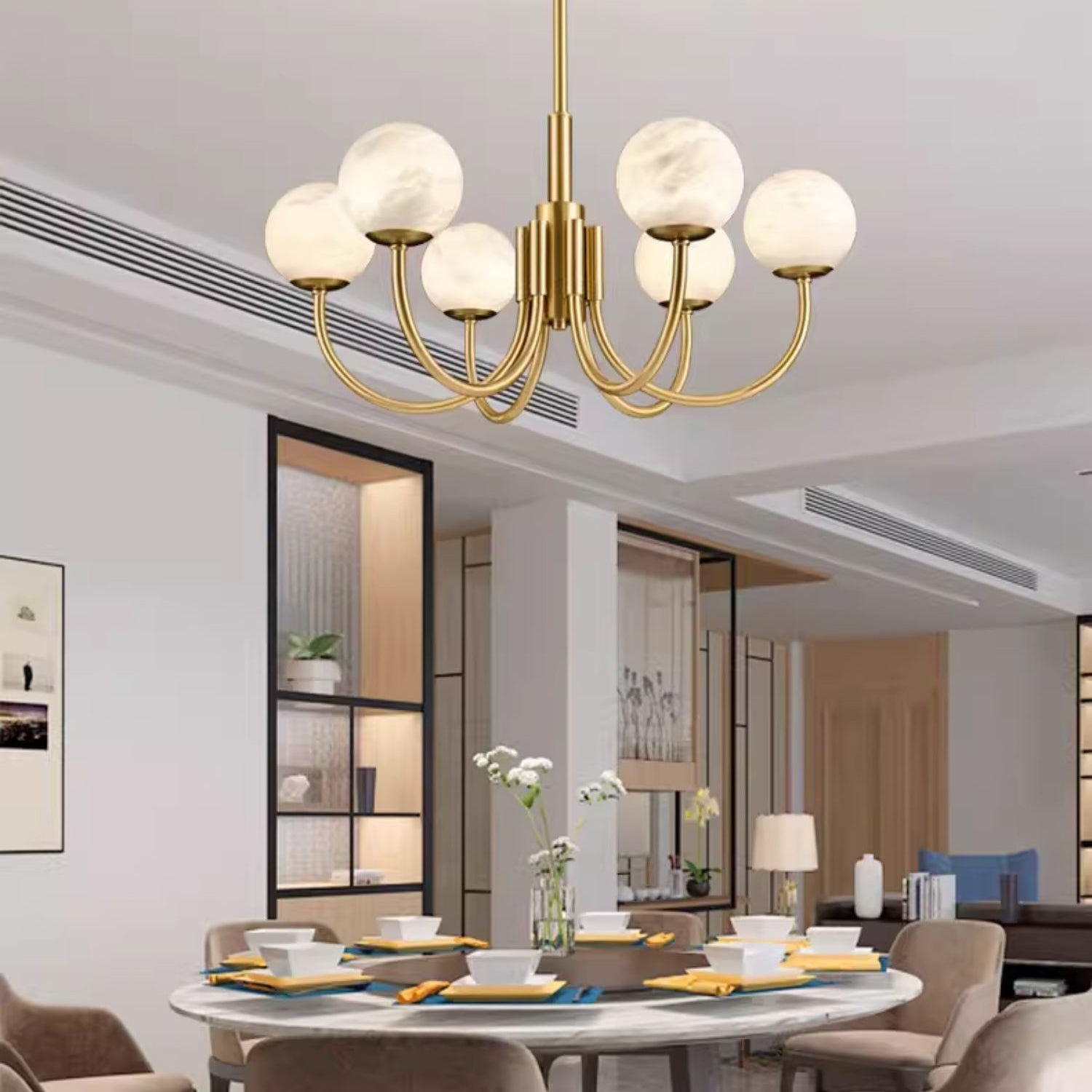 Mjolkuvys Modern Minimalist Globe Brass Alabaster Chandelier - Neutralighting