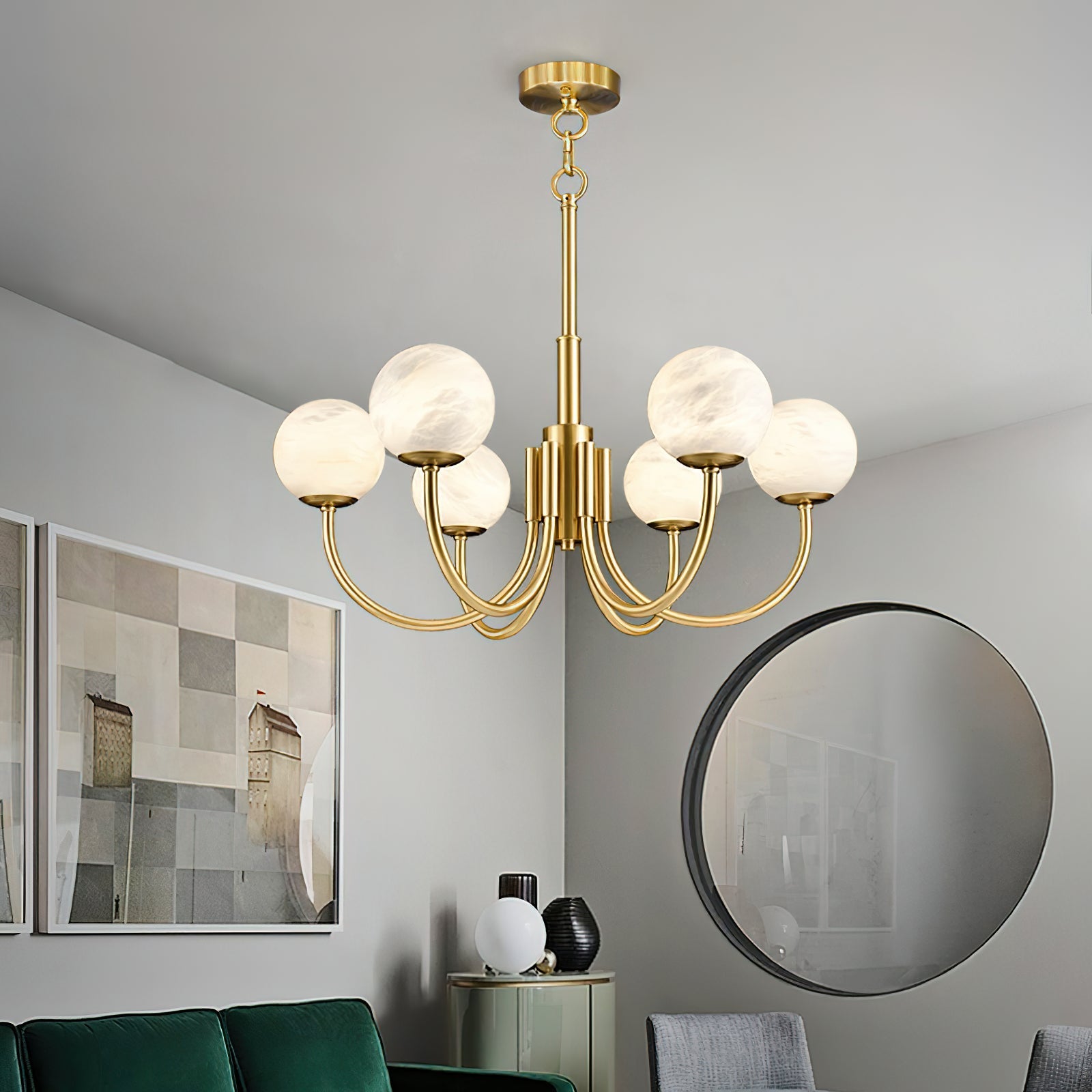 Mjolkuvys Modern Minimalist Globe Brass Alabaster Chandelier - Neutralighting