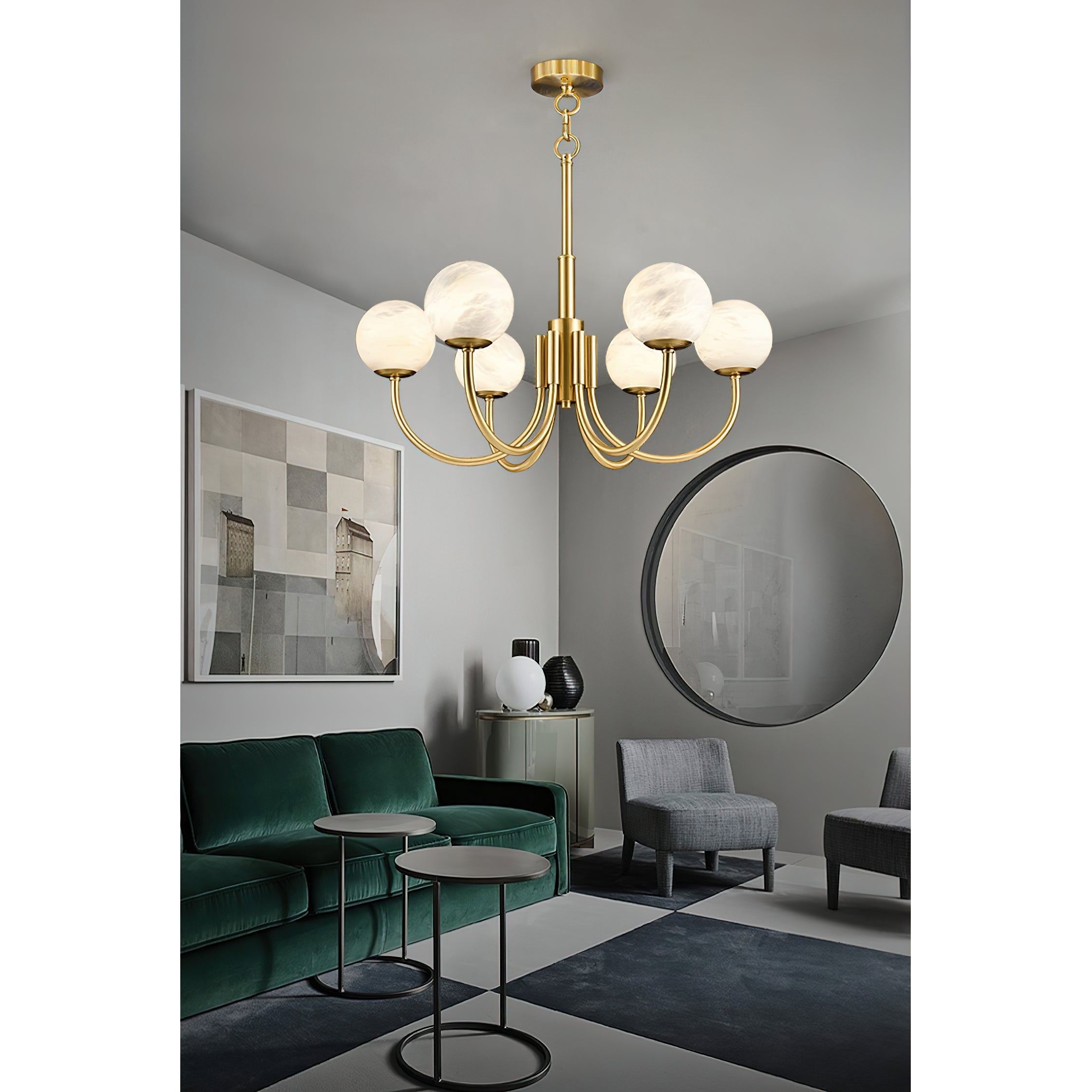 Mjolkuvys Modern Minimalist Globe Brass Alabaster Chandelier - Neutralighting