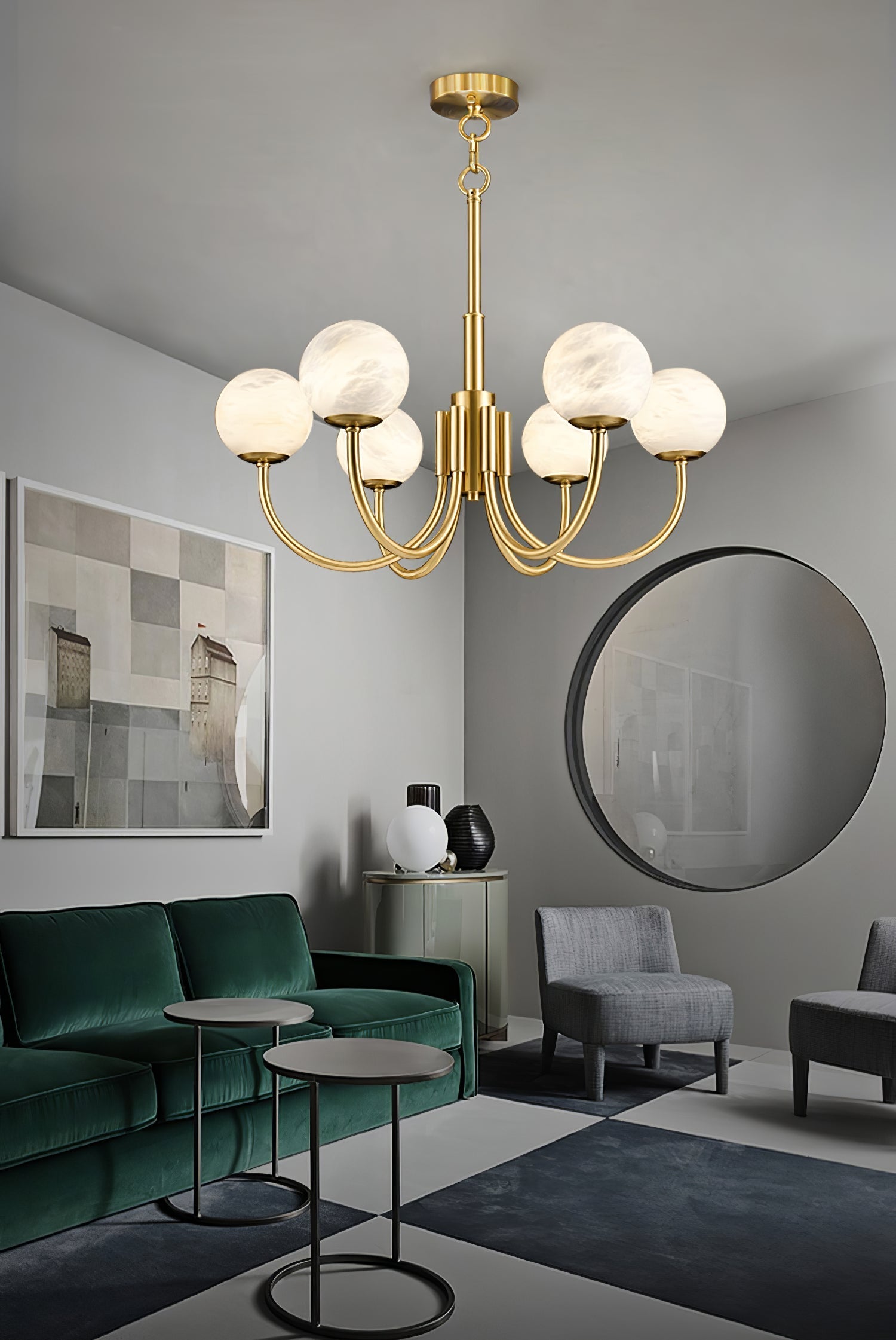 Mjolkuvys Modern Minimalist Globe Brass Alabaster Chandelier - Neutralighting