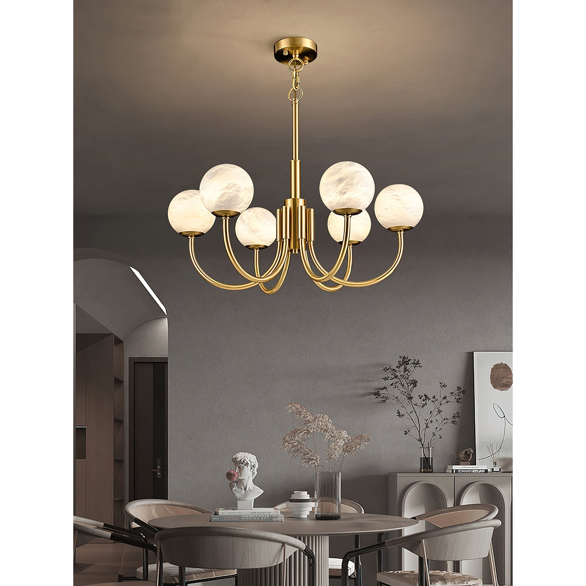 Mjolkuvys Modern Minimalist Globe Brass Alabaster Chandelier - Neutralighting