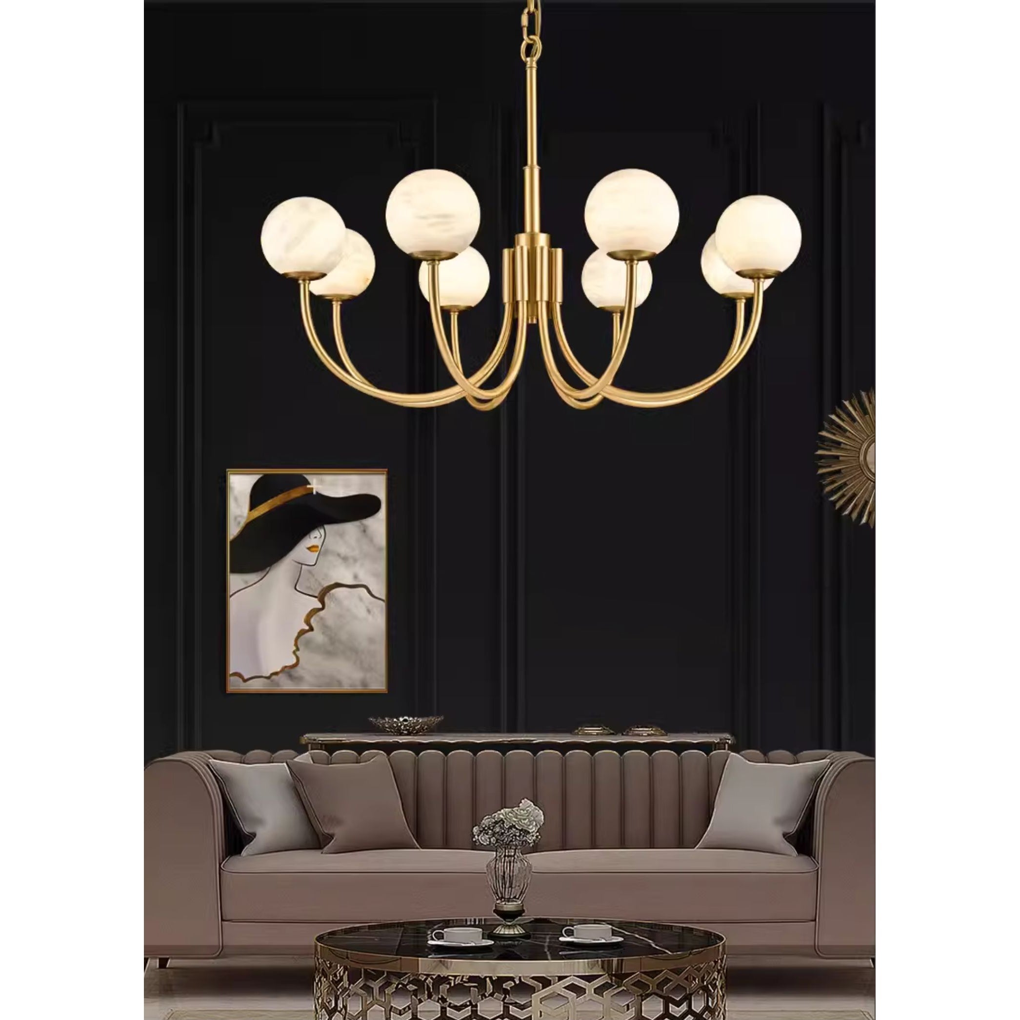 Mjolkuvys Modern Minimalist Globe Brass Alabaster Chandelier - Neutralighting
