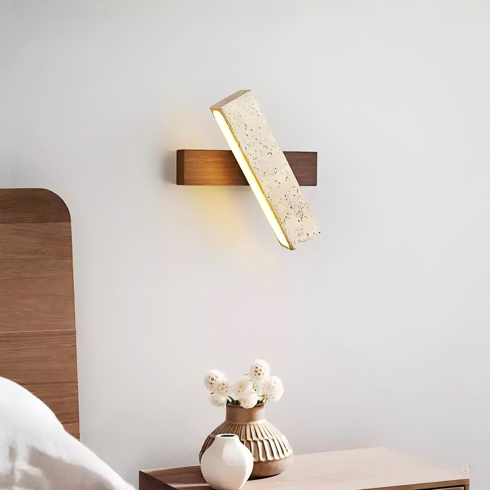 Ostruvyo Modern Minimalist Linear Walnut Travertine Wall Lamp - Neutralighting