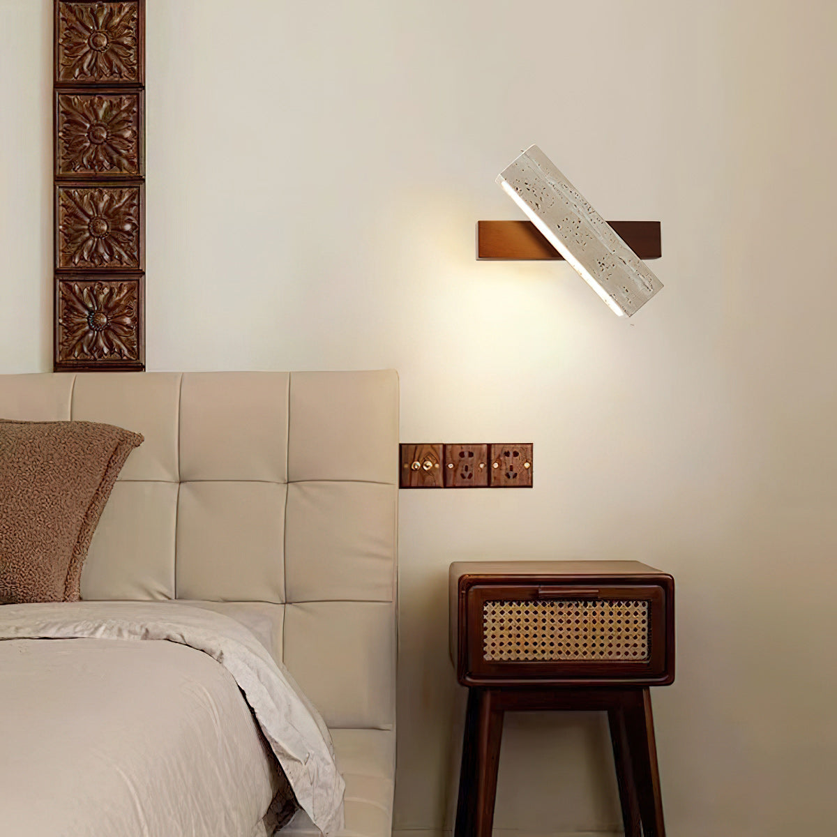 Ostruvyo Modern Minimalist Linear Walnut Travertine Wall Lamp - Neutralighting