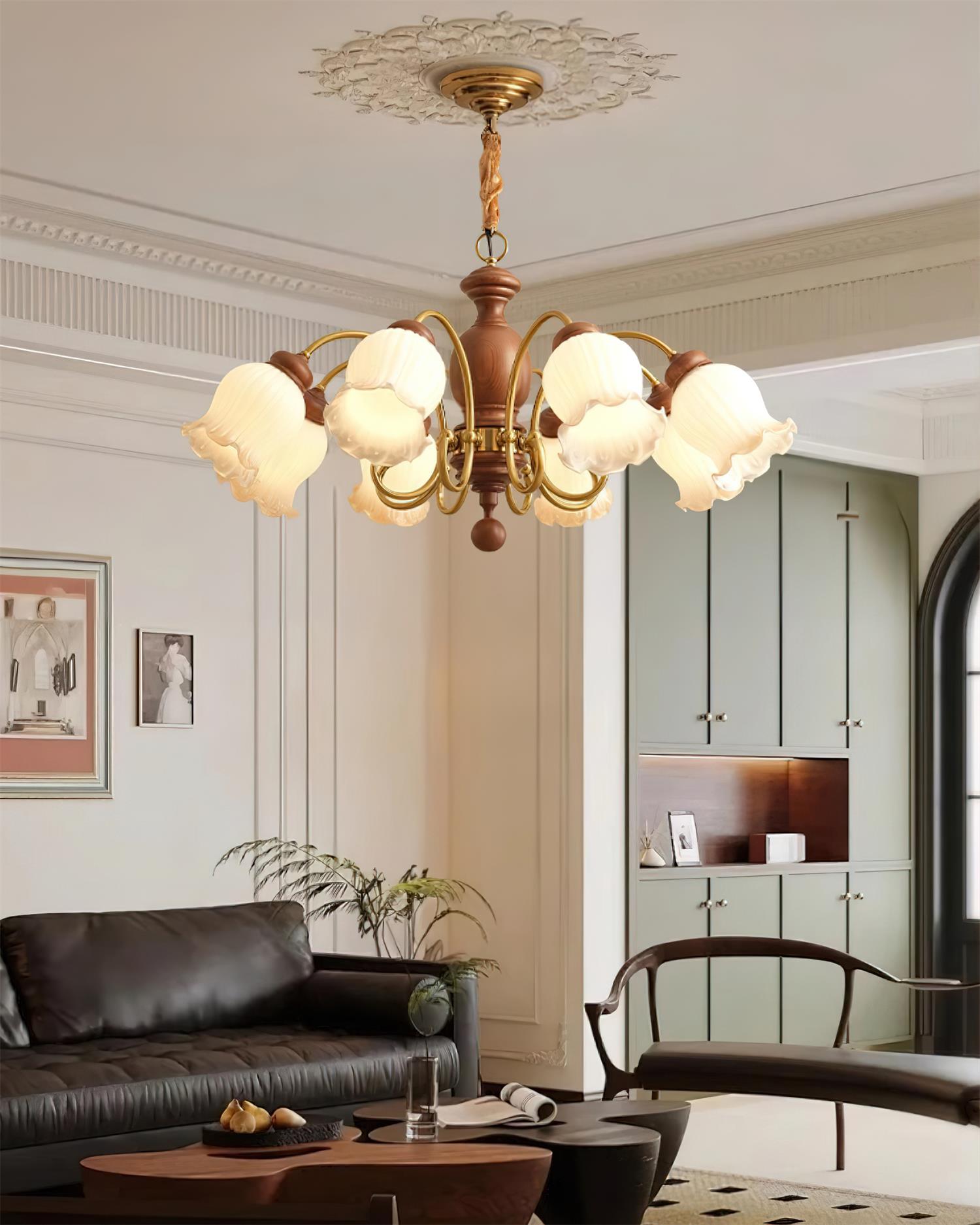 Chandelier Tulip Glass Shades Walnut Wood Frame Rustic - Neutralighting