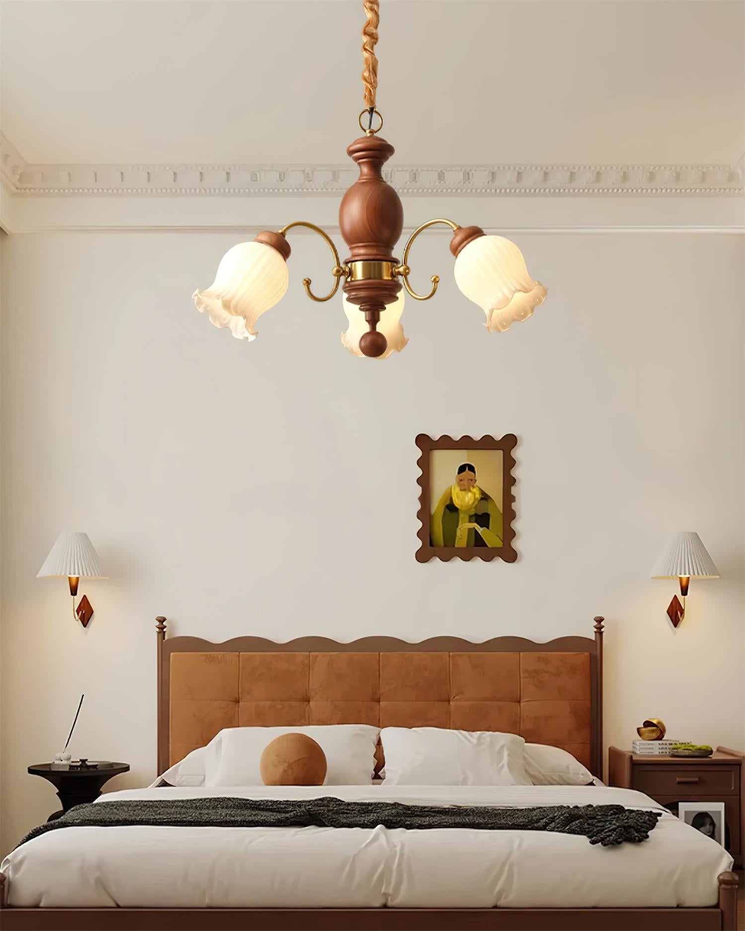 Chandelier Tulip Glass Shades Walnut Wood Frame Rustic - Neutralighting