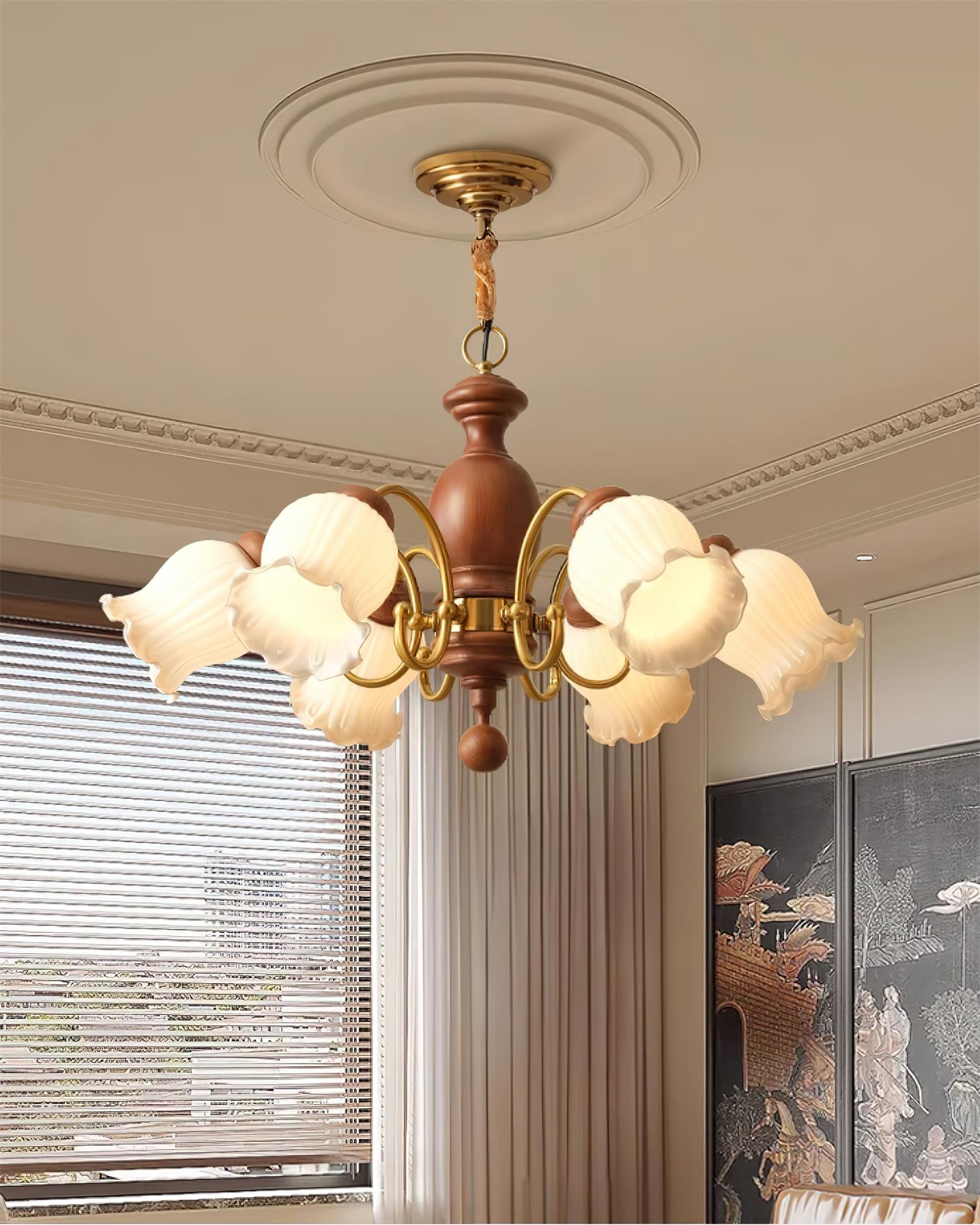 Chandelier Tulip Glass Shades Walnut Wood Frame Rustic - Neutralighting
