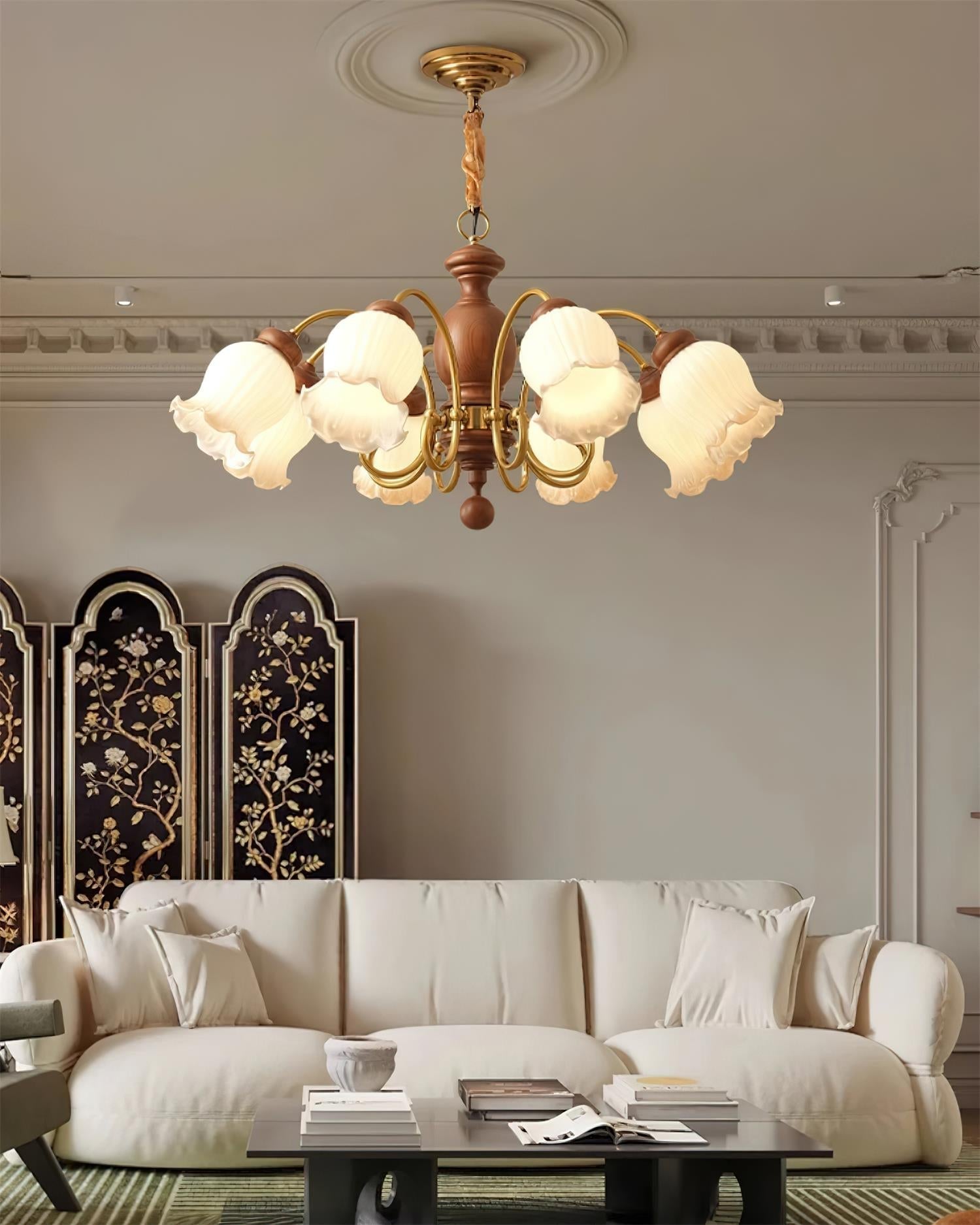 Chandelier Tulip Glass Shades Walnut Wood Frame Rustic - Neutralighting