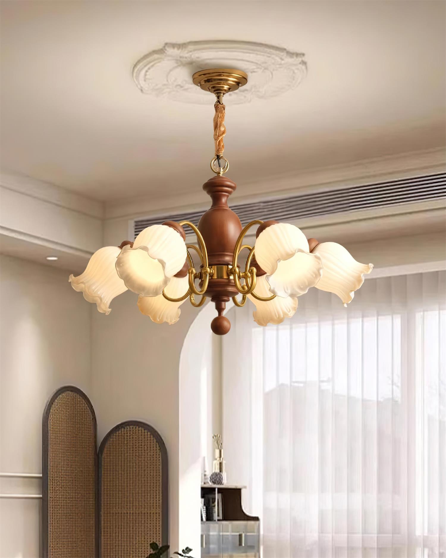 Chandelier Tulip Glass Shades Walnut Wood Frame Rustic - Neutralighting