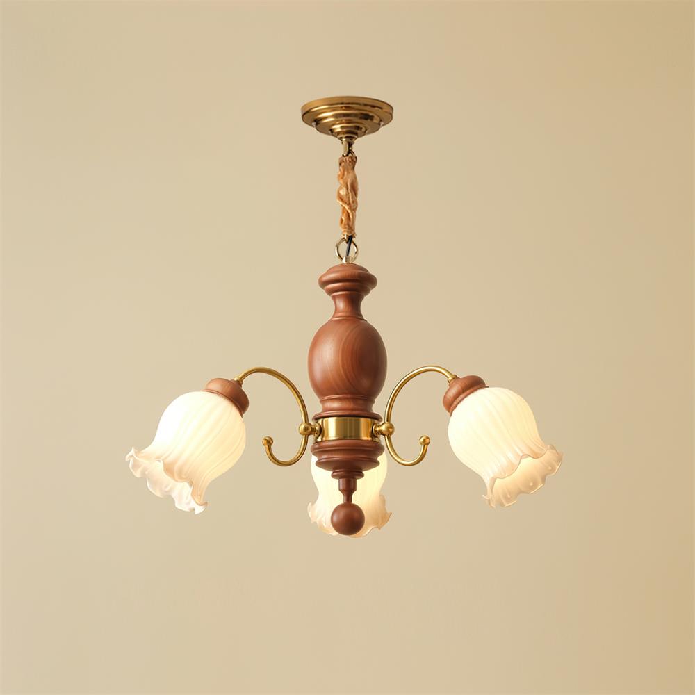Chandelier Tulip Glass Shades Walnut Wood Frame Rustic - Neutralighting