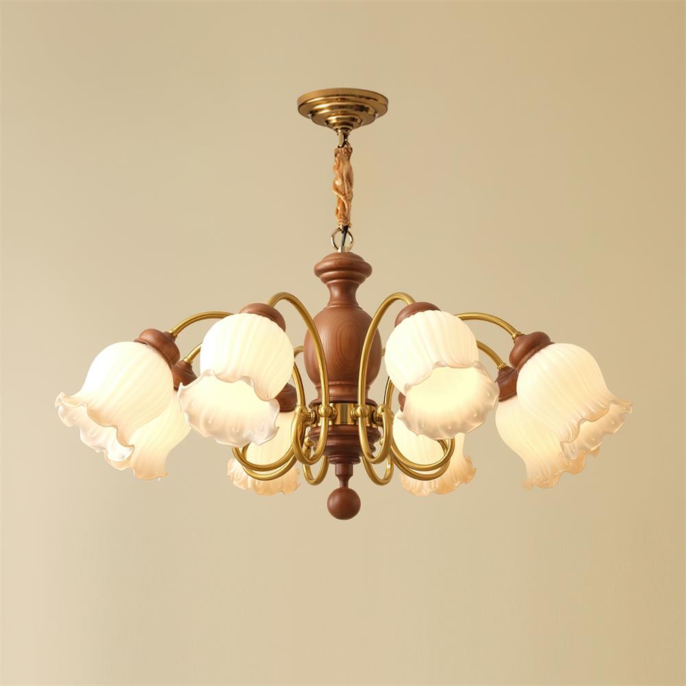Chandelier Tulip Glass Shades Walnut Wood Frame Rustic - Neutralighting