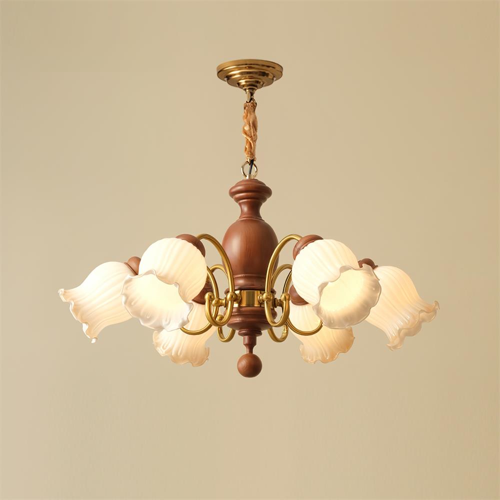 Chandelier Tulip Glass Shades Walnut Wood Frame Rustic - Neutralighting