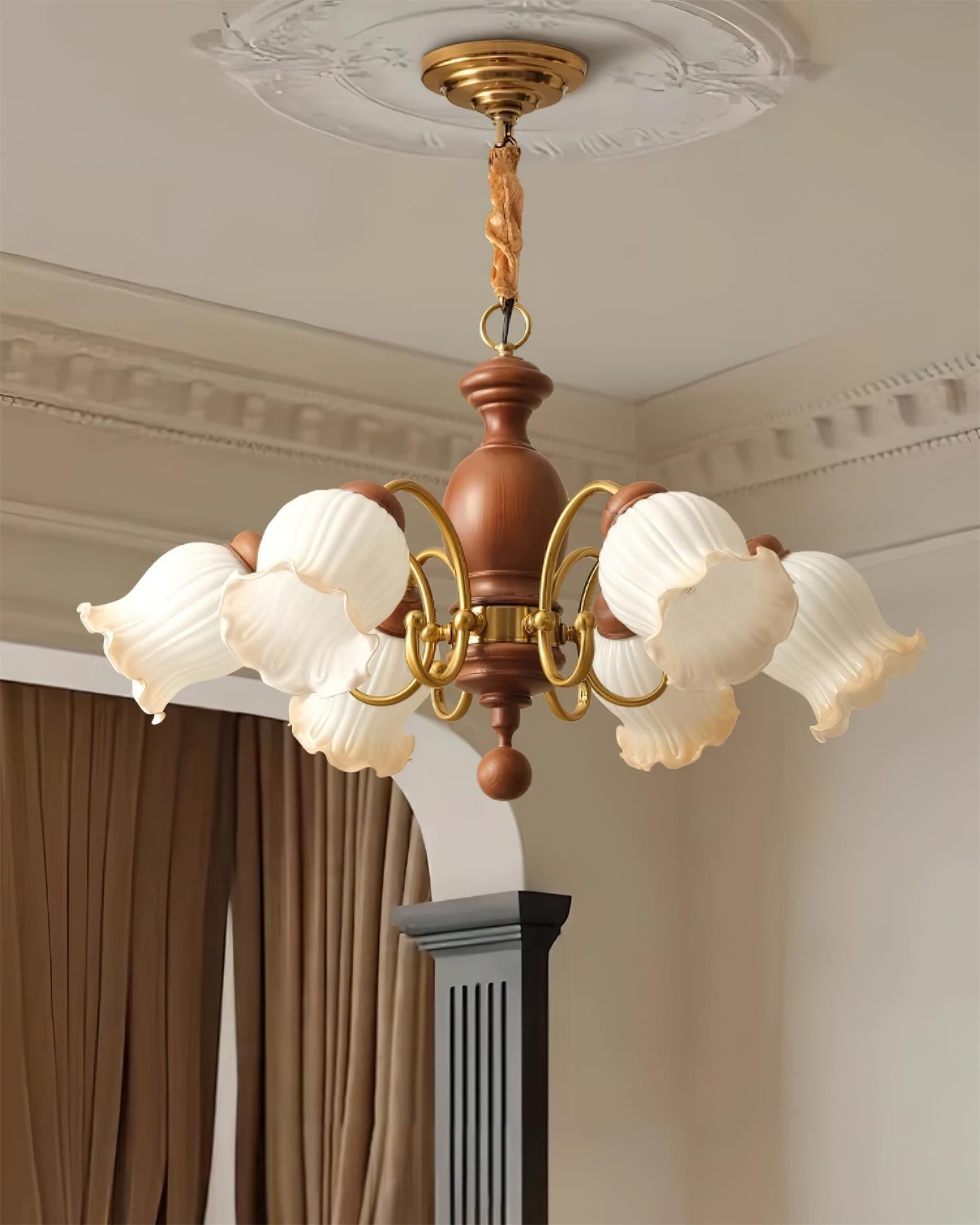Chandelier Tulip Glass Shades Walnut Wood Frame Rustic - Neutralighting