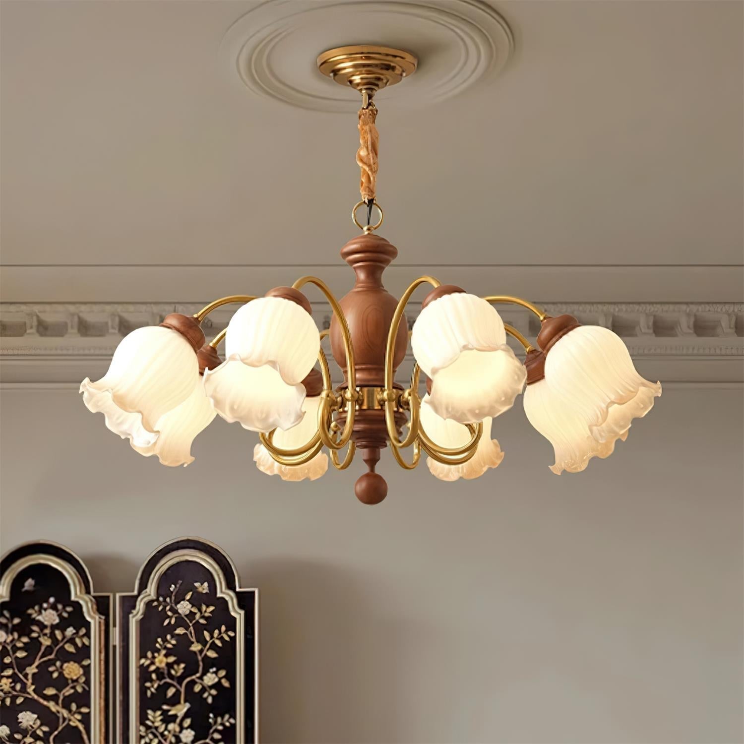 Chandelier Tulip Glass Shades Walnut Wood Frame Rustic - Neutralighting